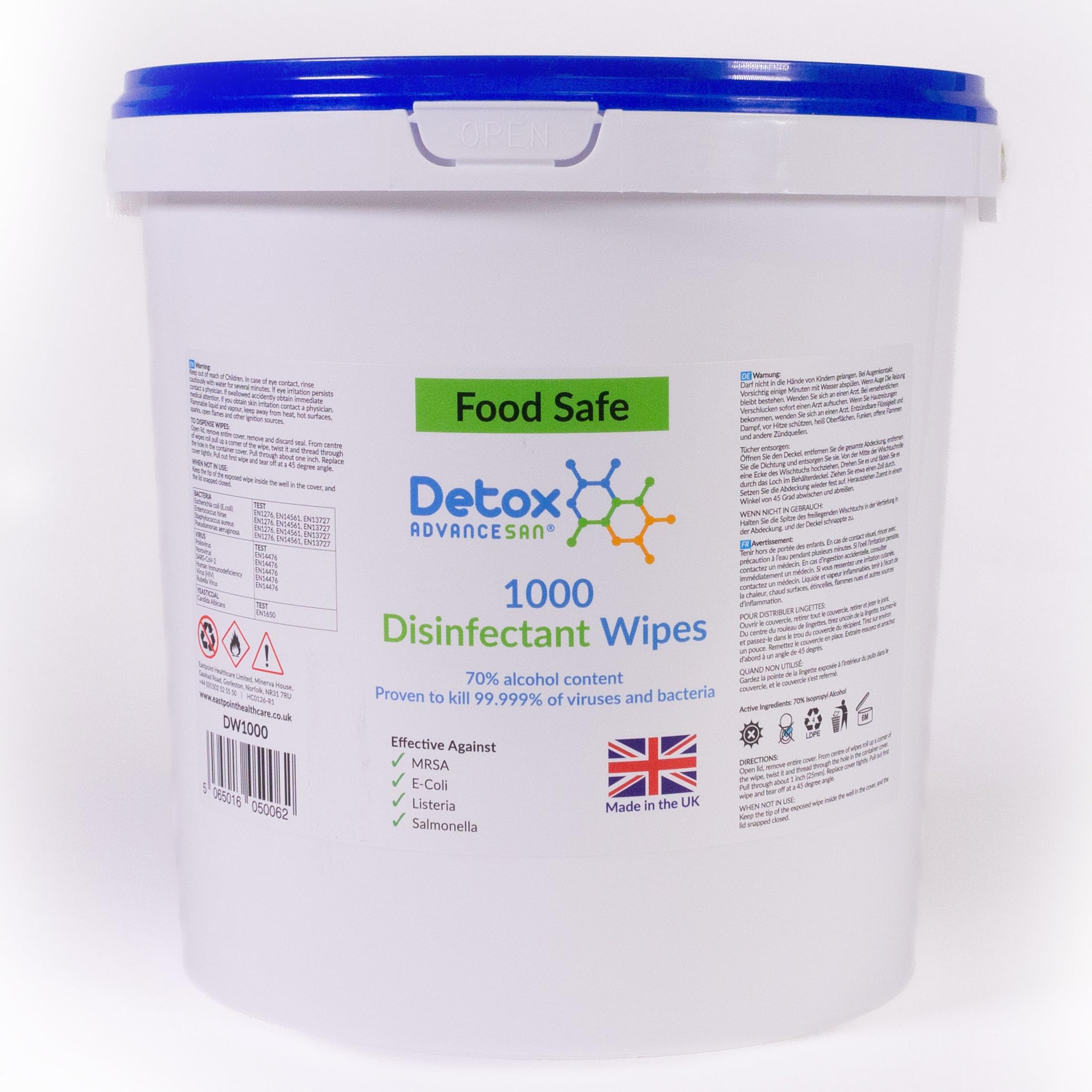 Detox AdvanceSan Alcohol Disinfectant Wipes | Resealable Bucket | 1000 Anti-bacterial Wet Wipes