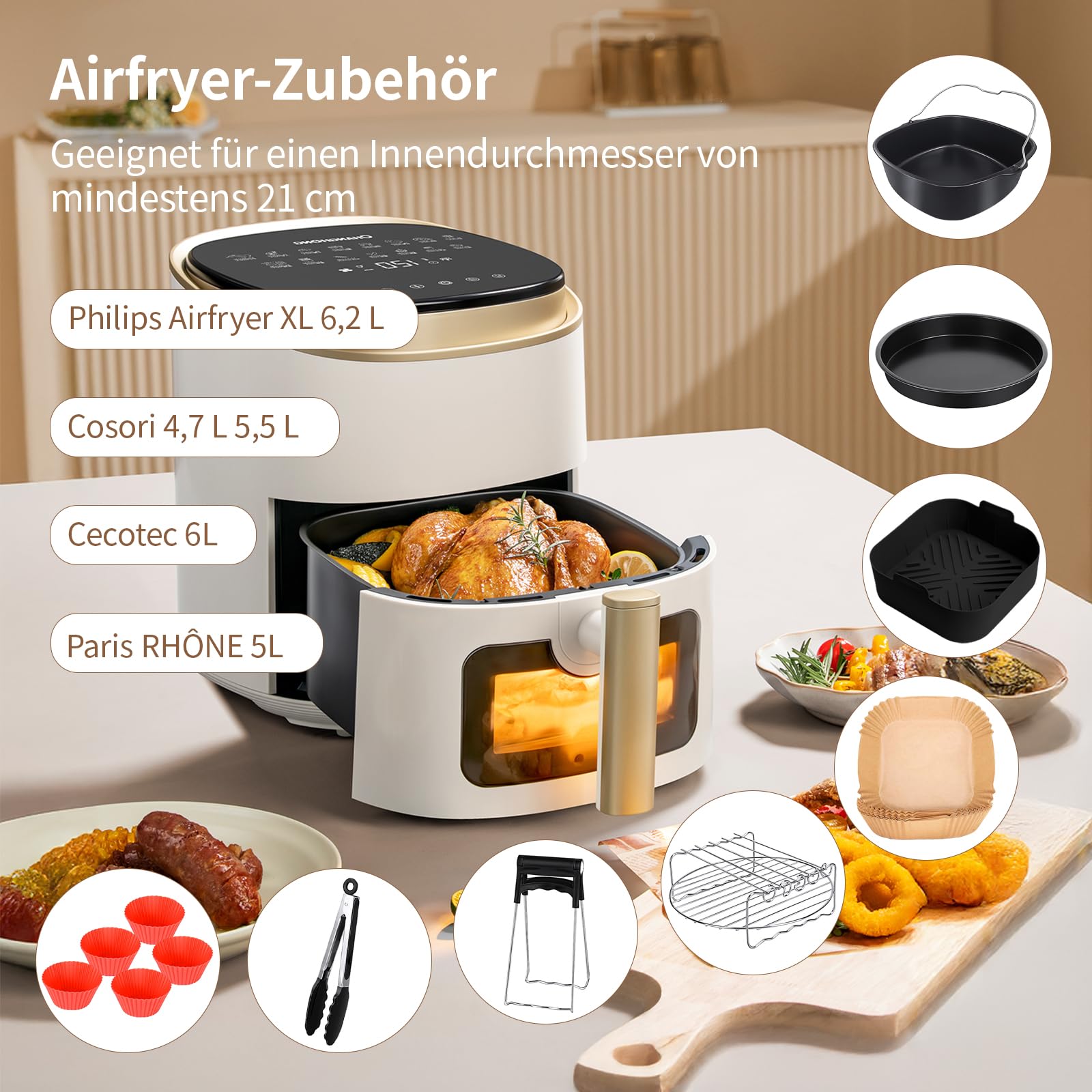 Accessoires voor heteluchtfriteuse, 14-delige set, 22 cm airfryer-accessoires XXL, compatibel met Philips Airfryer XXL7,2L, 8,3L, COSORI 5,5L, Tefal 6,5L, Cecotec 6L etc., siliconen vorm