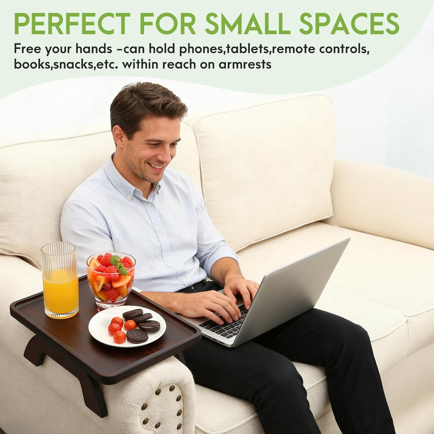 SINWANT Couch Arm Table,Bamboo Sofa Arm Clip on Tray Tables,Couch Armrest Table Suitable for Home Drinks/Eat/Fruit, Snack Chair Tray for Drink Eating