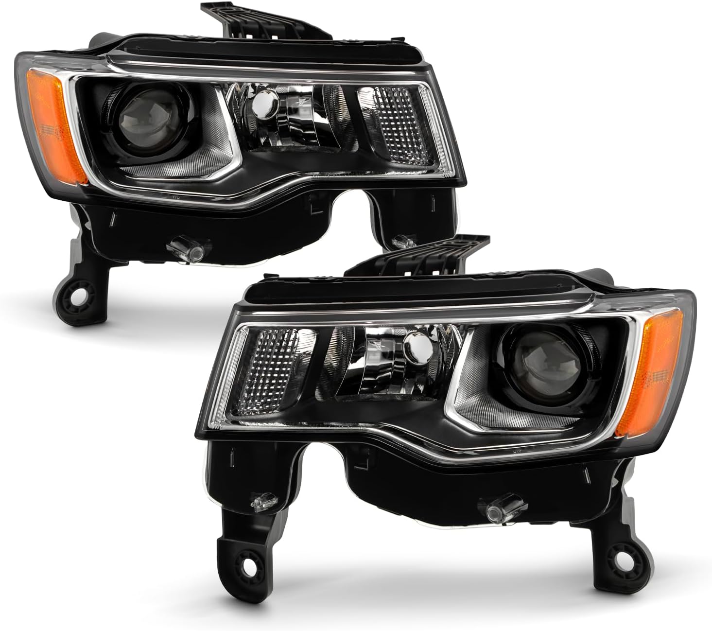 AKKON - Fits 2017-2021 Jeep Grand Cherokee [Halogen Type] Projector Chrome Headlights Pair Driver Left + Passenge Right