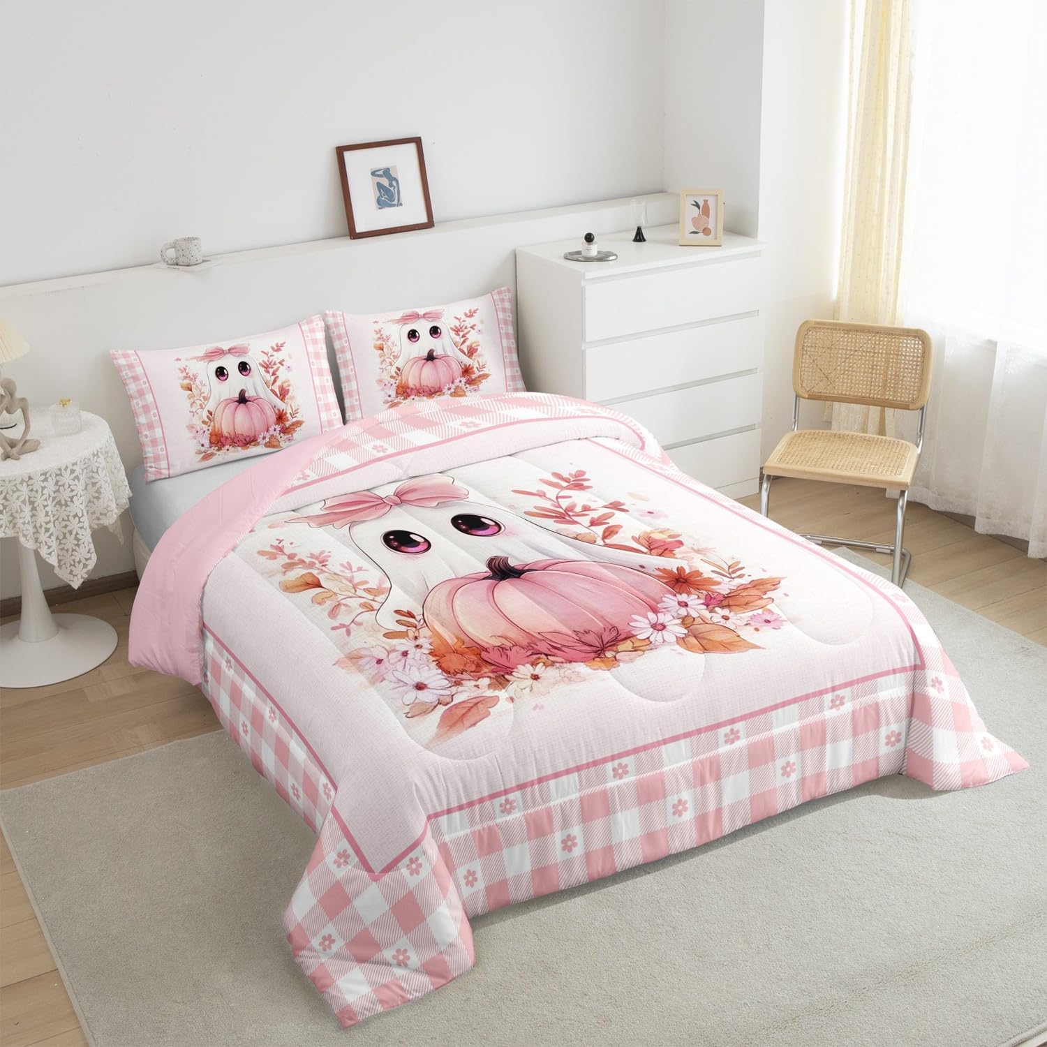 Manfei Cartoon Ghost Comforter Set Twin Size,Halloween Pumpkin Daisy Flowers Autumn Fall Bedding Set,Girls Women Room Decor,Pink Bowknot Geometric Grids Down Comforter,Cute Duvet Insert,1 Pillowcase