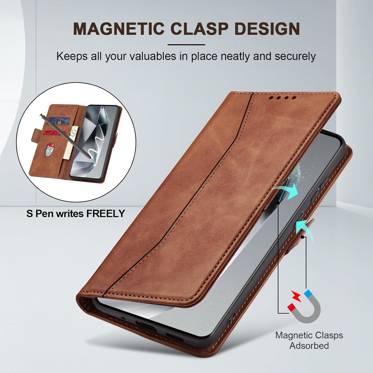 Jasonyu Flip Wallet Case for Samsung S24 Ultra 5G,Leather Magnetic Folio Cover with Card Holder,Kickstand - TPU Shockproof Durable Protective Phone Case,Brown - Image 3