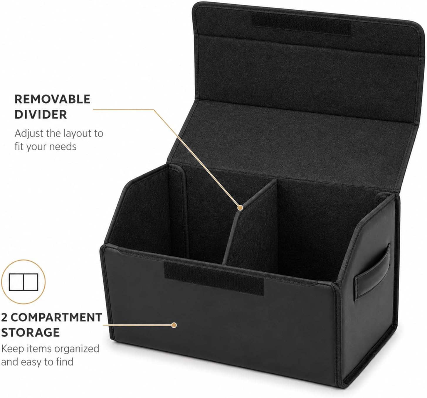 Car Trunk Organizer, Foldable Cargo Storage Box with Hook-and-Loop Lid, Suede & Faux Leather Trunk Organizer for SUV Sedan Truck, Adjustable Divider, Handles, Black, 19.7inches