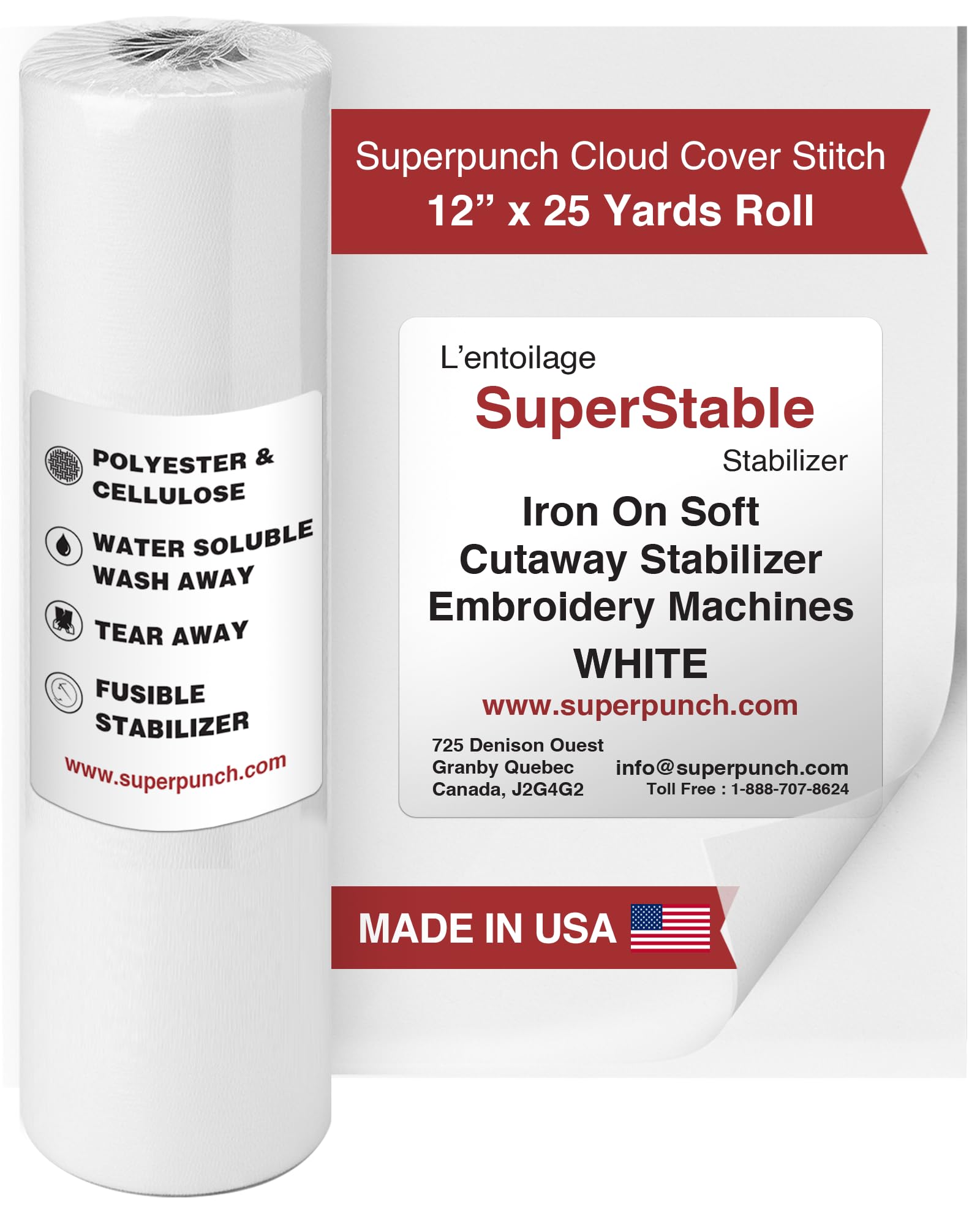 Superpunch Cloud Cover Stitch 12 inch x 25 Yard Roll, SuperStable Lightweight Stabilizer Iron On, Over The Back Fusible, Iron On Soft Cutaway Stabilizer Embroidery Machines Backing White Made in USA