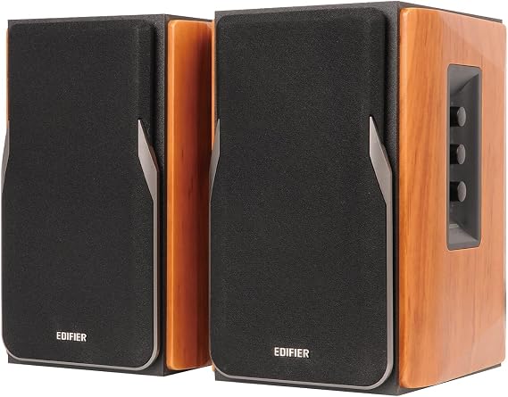 EDIFIER Studio R1380T 2.0 Shelf Speaker System (42 Watt) in Real Wood (MDF) Housing Two LINE IN Connections Infrared Remote Control and Side Controls for Bass Treble and Volume