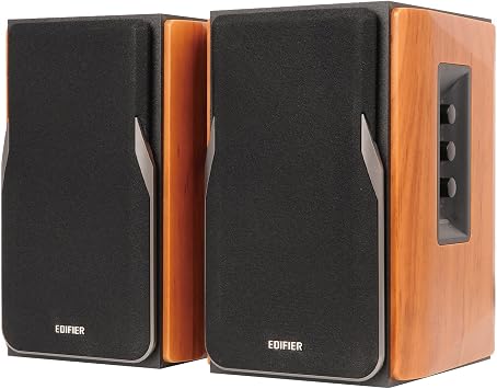 EDIFIER Studio R1380T 2.0 Shelf Speaker System (42 Watt) in Real Wood (MDF) Housing Two LINE IN Connections Infrared Remote Control and Side Controls for Bass Treble and Volume