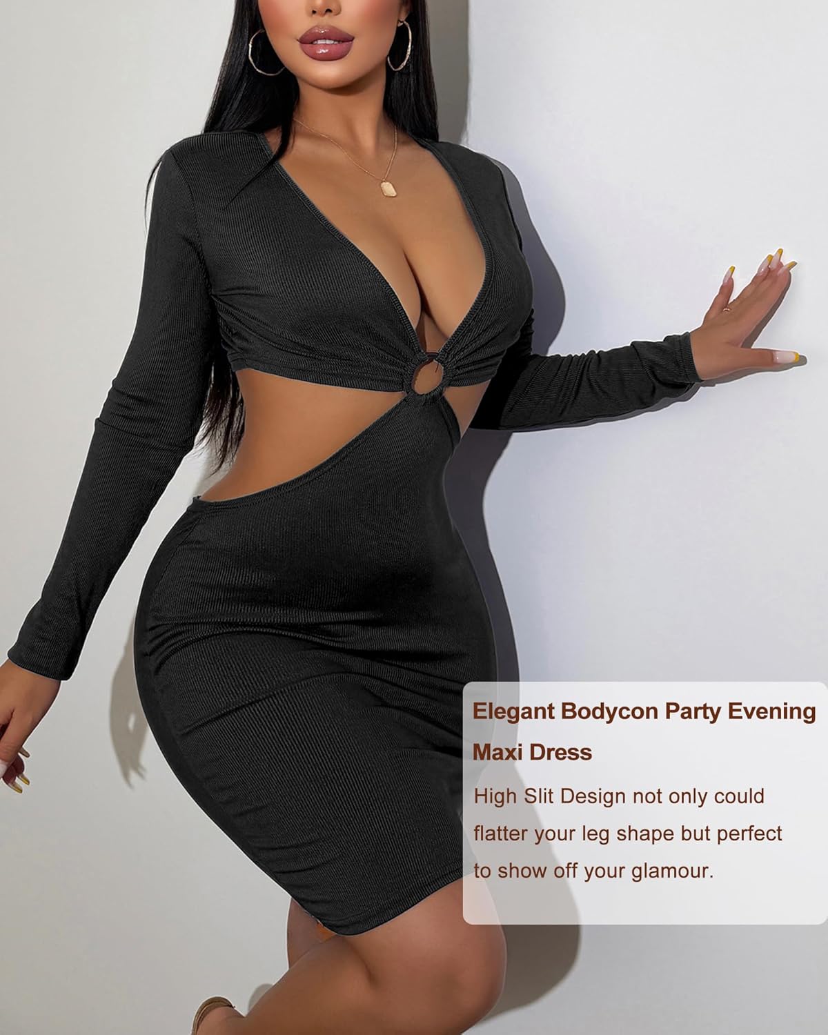 Sexy Cut Out Bodycon Mini Dress for Women - Long Sleeves Party Clubwear - Image 4