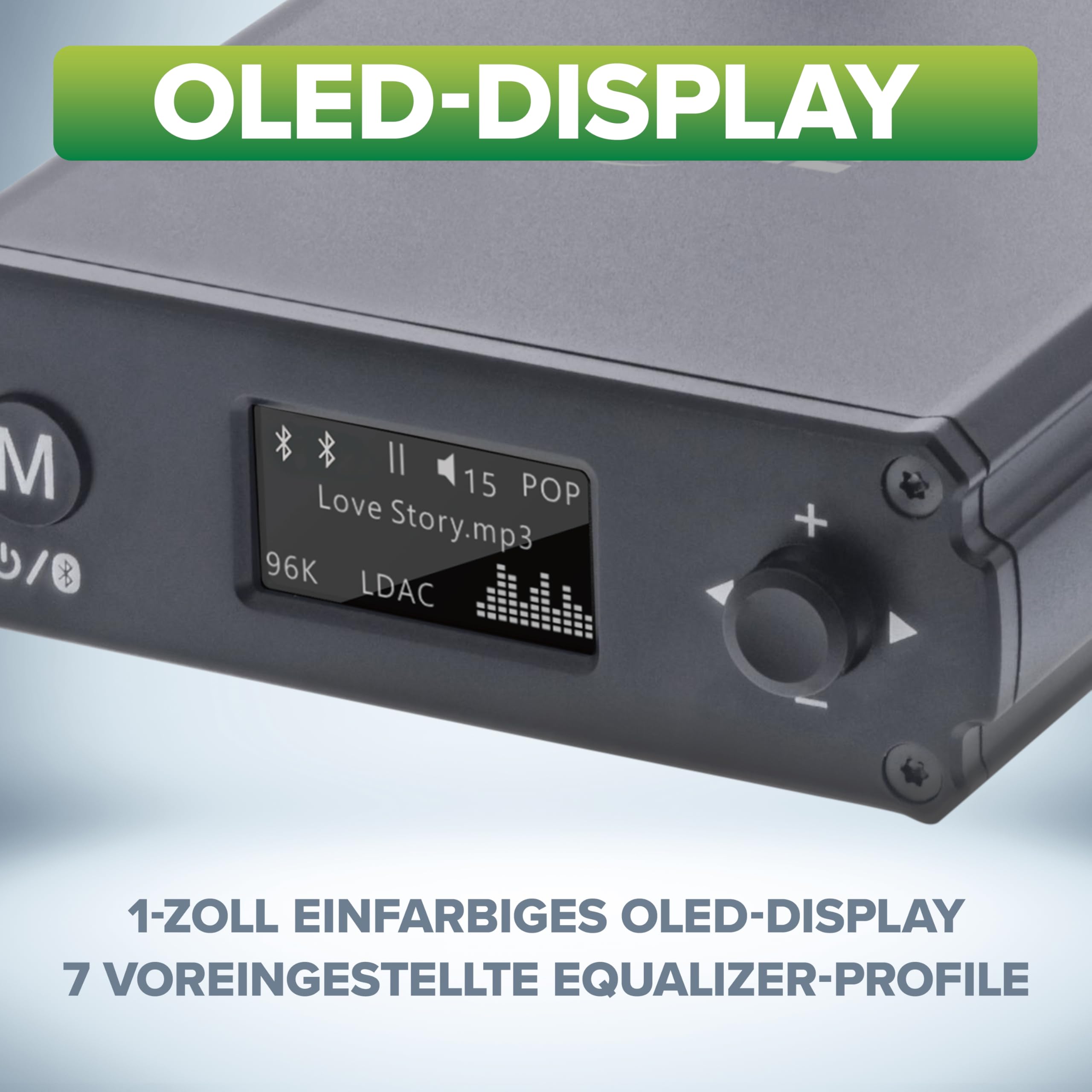 Inline Bluetooth 5.1 HiFi Audio Receiver, Empfänger, USB-C, Cinch Stereo, optischer Toslink Anschluss, Lautstärkeregler, 7 Equalizer-Profile, OLED-Display, bis zu 30m Reichweite, 99209M