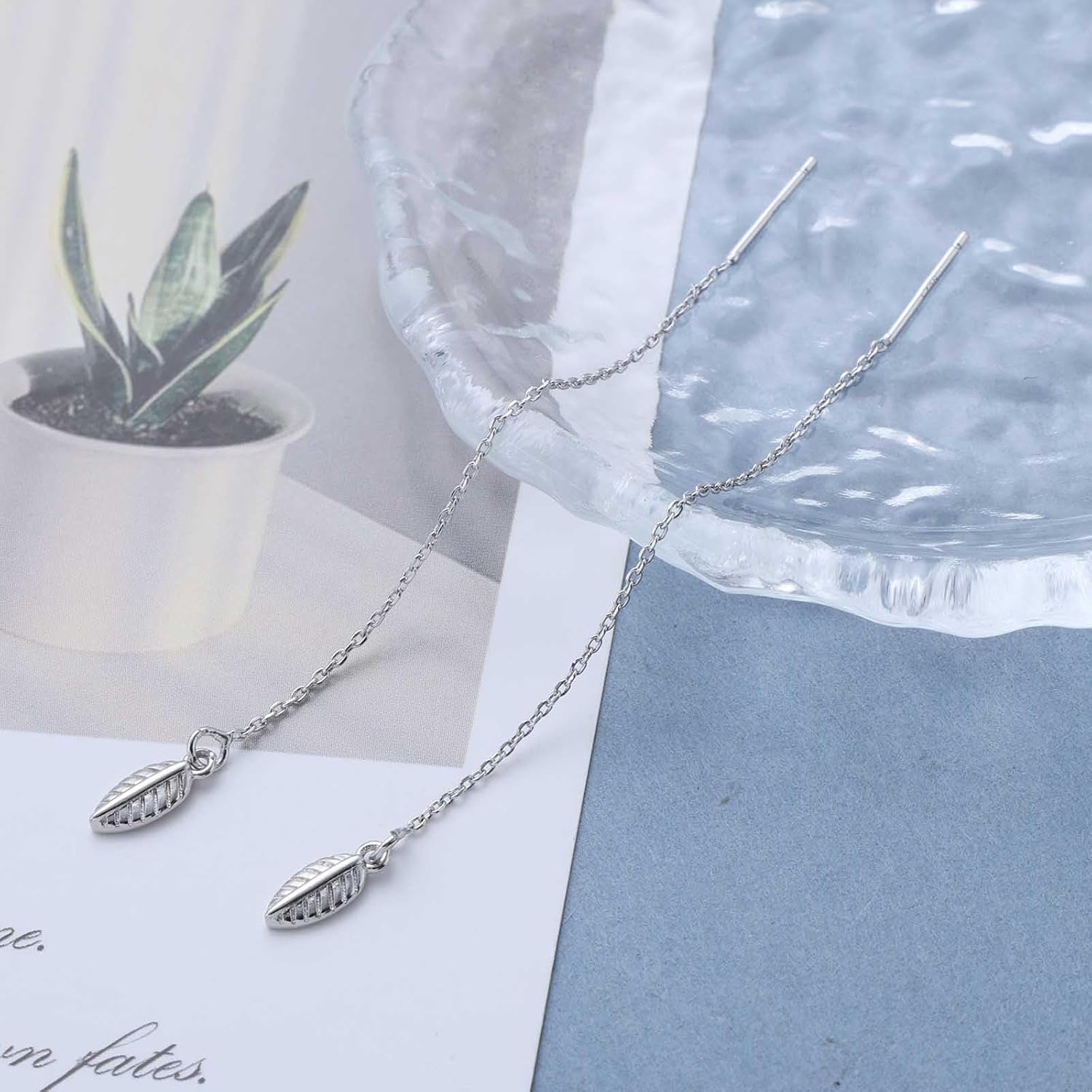 Vintage Tiny Leaf Chain Dangle Threader Earrings Silver Leaf Long Pull Through Earring Thin String Threader Chain Earring Metal Tassel Drop Earrings Jewelry for Women - Image 3