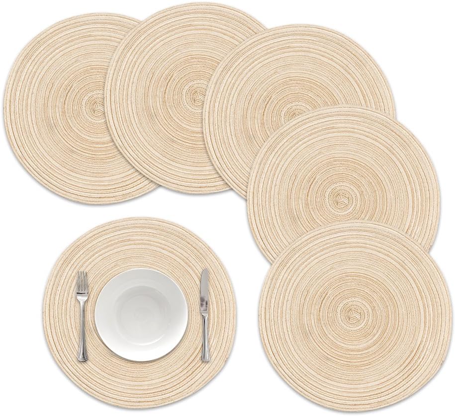 famibay Round Placemats, Round Braided Place Mats for Dining Table Heat Insulation Table Mats for Kitchen 15 inches(Beige,Set of 6)