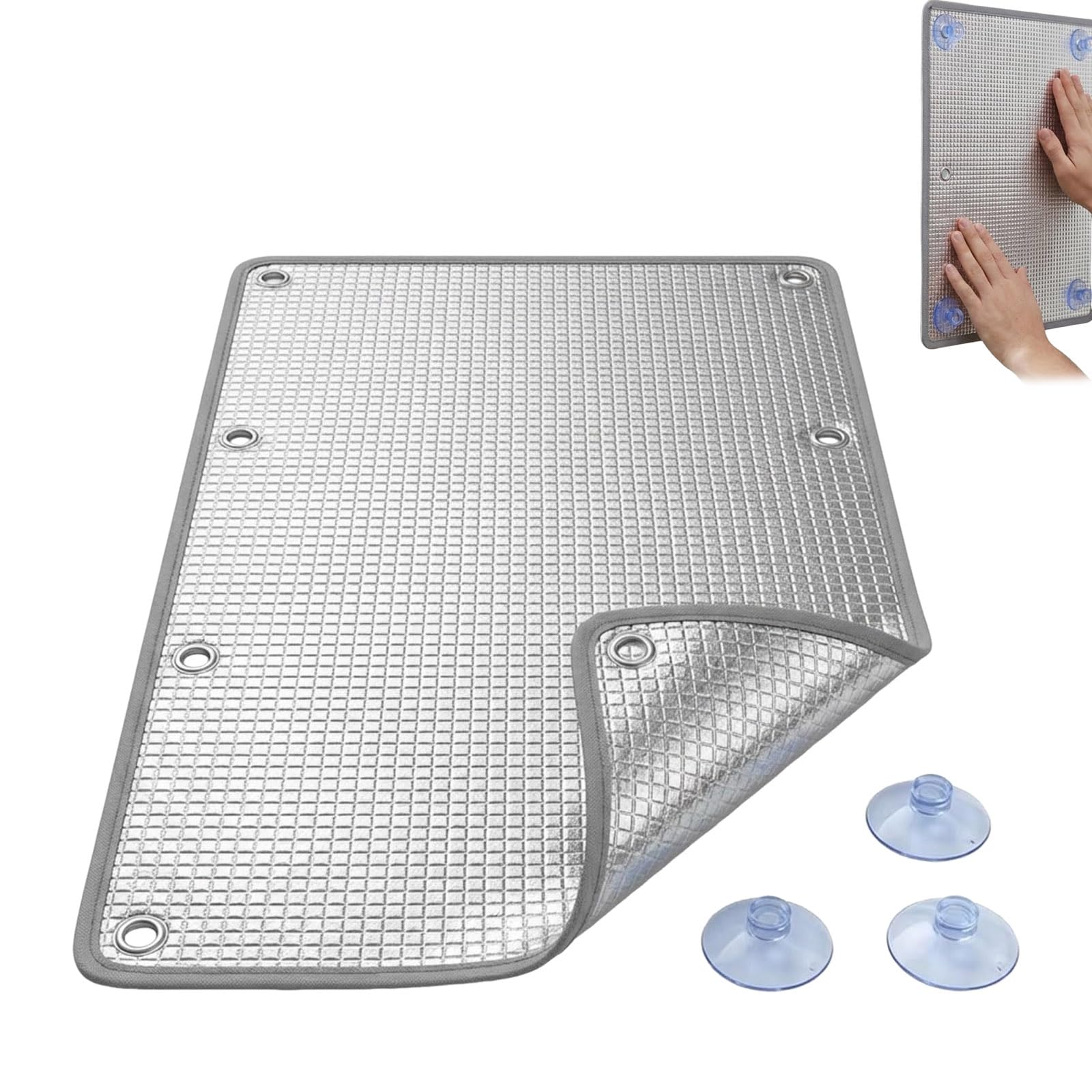 Double-Sided Aluminium Foil Window Heat Blocker, Reflective Thermal Insulation Film, UV Protection, No Adhesive, with Suction Cups (Silver, 110X100CM)