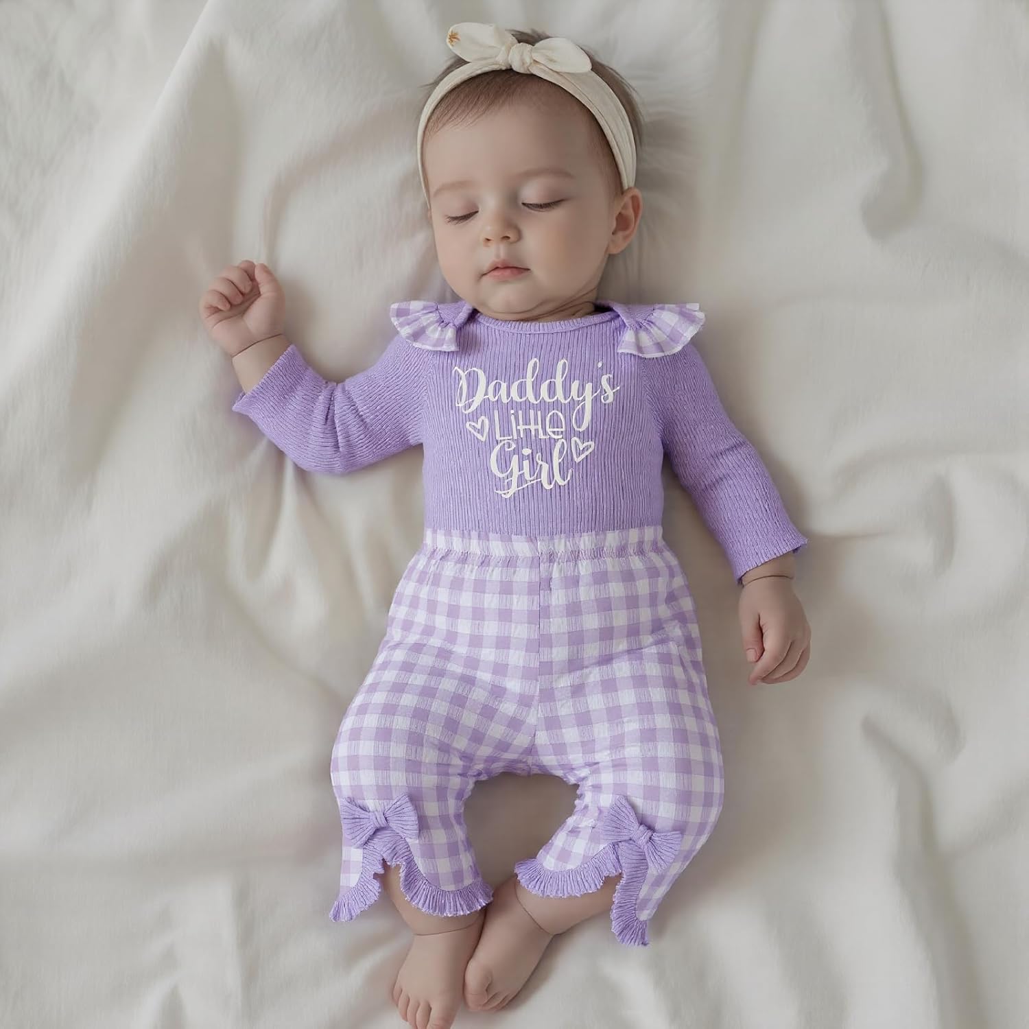 Newborn Baby Girls Outfits Daddy's Little Girl Romper Jumpsuit Bodysuit Plaid Flare Pants Set Fall Winter Clothes - Image 2