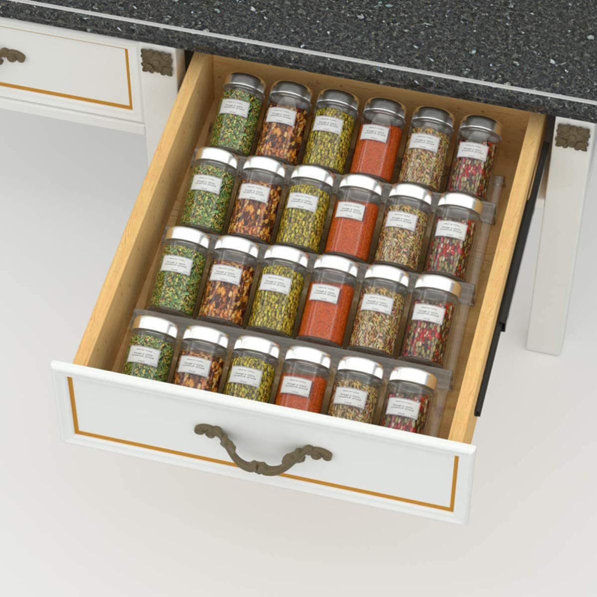 Gatuida Organizer Espandibile per Spezie in Acrilico, per Cassetto Cucina | Struttura a Livelli Inclinata, Accesso Rapido alle Bottiglie, Adatto per Contenitori di Condimenti e Salse
