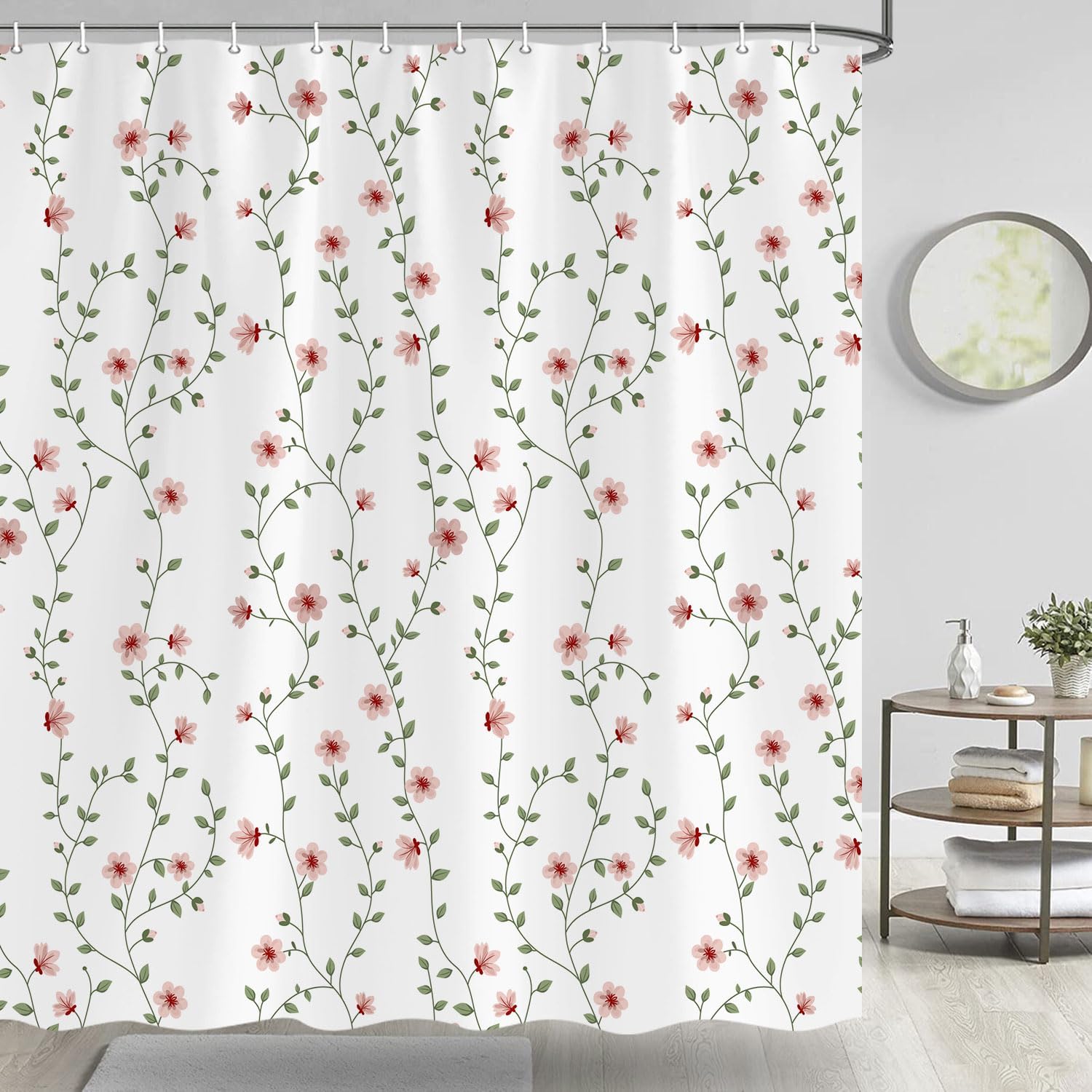 TOMOZ Pink Floral Shower Curtain, A Branch with Flowers and Leaves Shower Curtains for Bathroom, Botanical Green Ivy Fabric Bath Curtain with 12 Hooks 69 x 78Inch