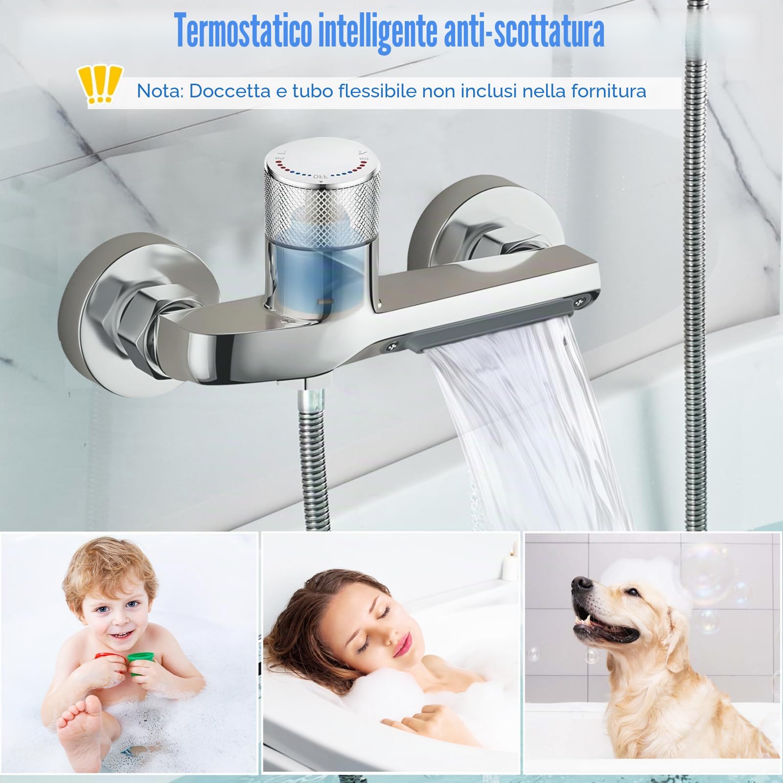 Rubinetto Vasca Doccia Termostatico a Parete, Bocca a Cascata Rubinetto per Doccia, Corpo in Ottone Cromato, Maniglia Regolabile, Standard G1/2 per Bagno Moderno