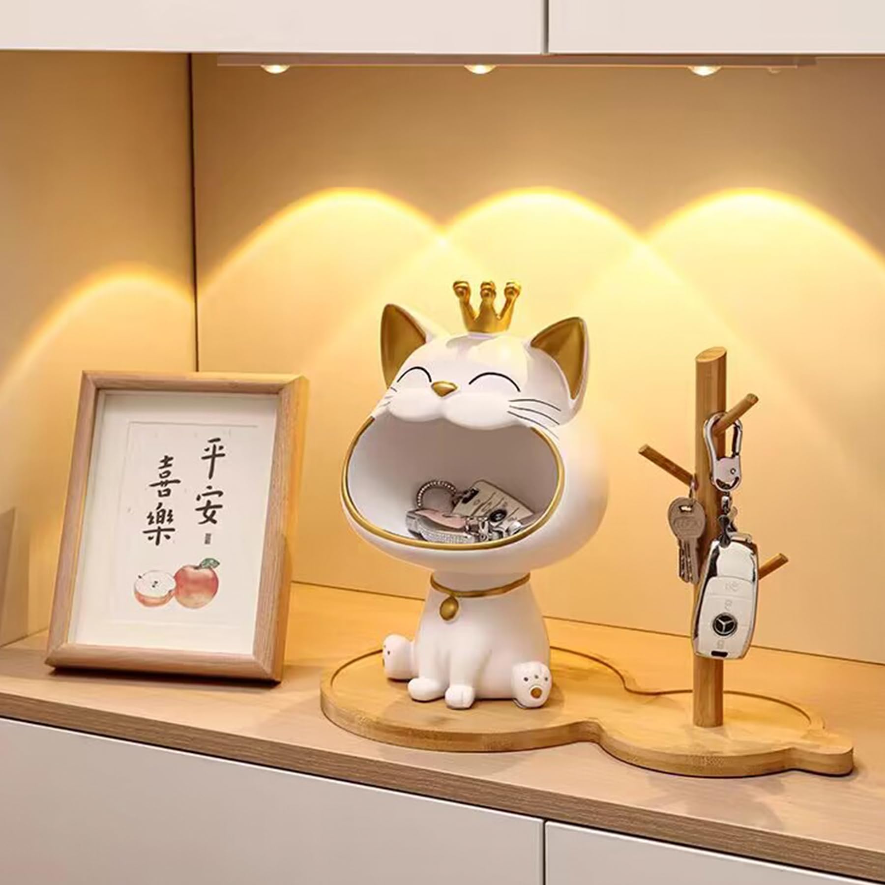 Statua di Gatto Fortunato, Decorazione per Casa e Ingresso, con Gatto che Ride e Chiavi, Scatola per Piccoli Oggetti (Bianco)