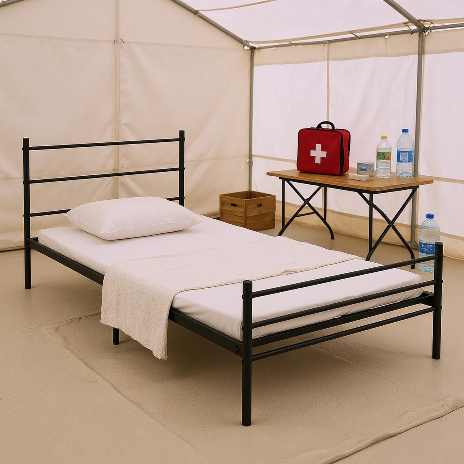 FurnitureR Cama de primeros auxilios con marco de metal resistente, diseño moderno de línea negra, ahorro de espacio y duradera para respuesta de emergencia, escenarios de negocios y viajes, Primo