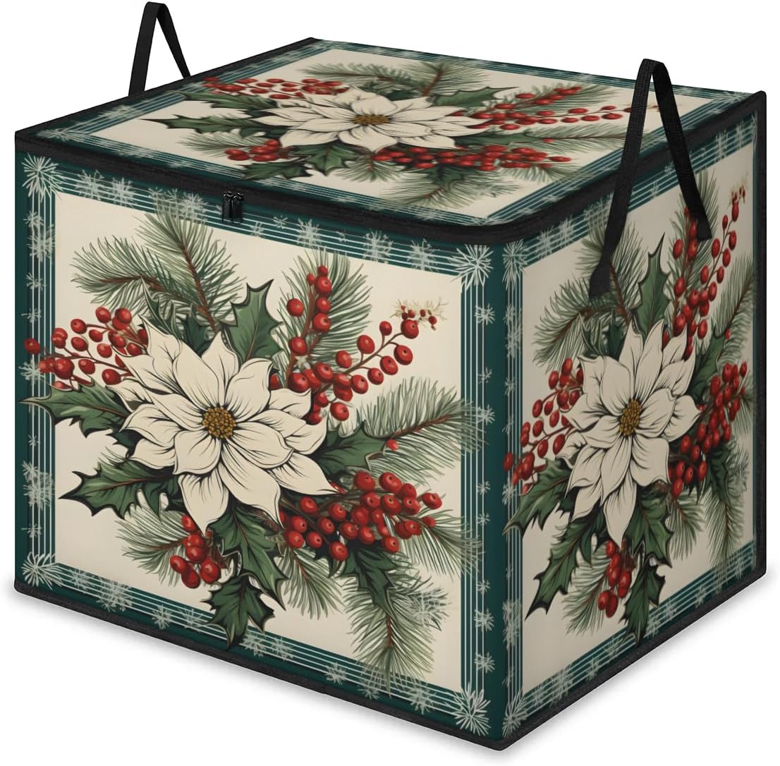 214L Extra Large Comforter Storage Bag Flower Berry Pine Leaves Storage Totes with Lids Waterproof Closet Organizer Folding Blanket Storage Bags for Clothes Bedding Pillows