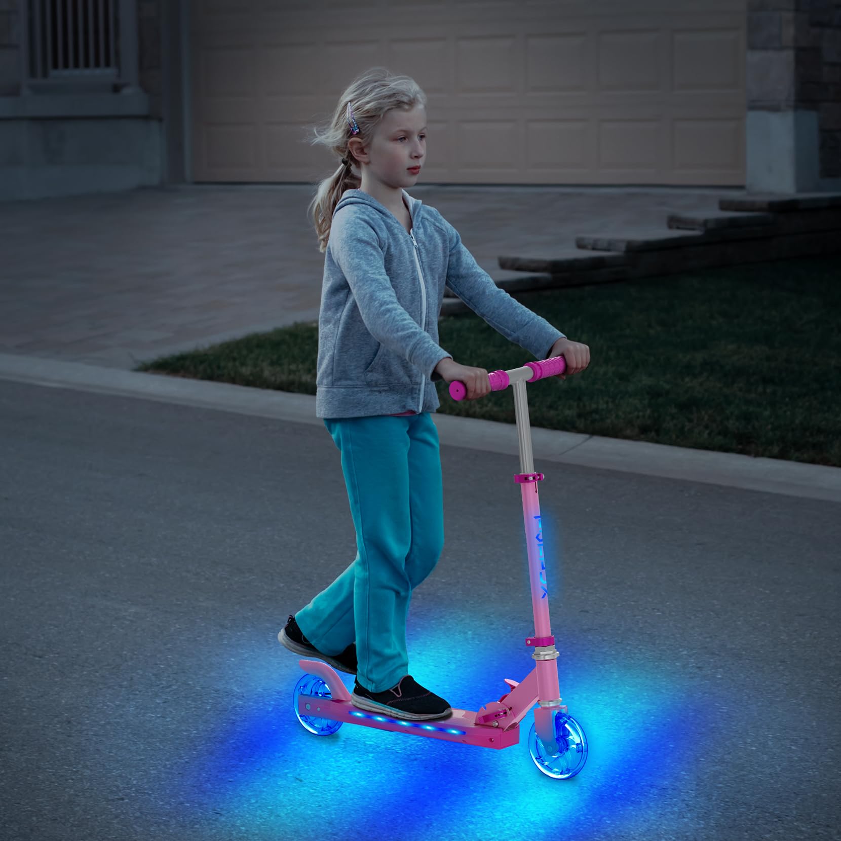 TONBUX Patinete Niños de 5 a 12 Años, Patinete Niños con Poste de Iluminación Fresco, Ruedas y Plataforma, Patinete de Altura Ajustable de Nivel 4, Patinete Ligero Plegable