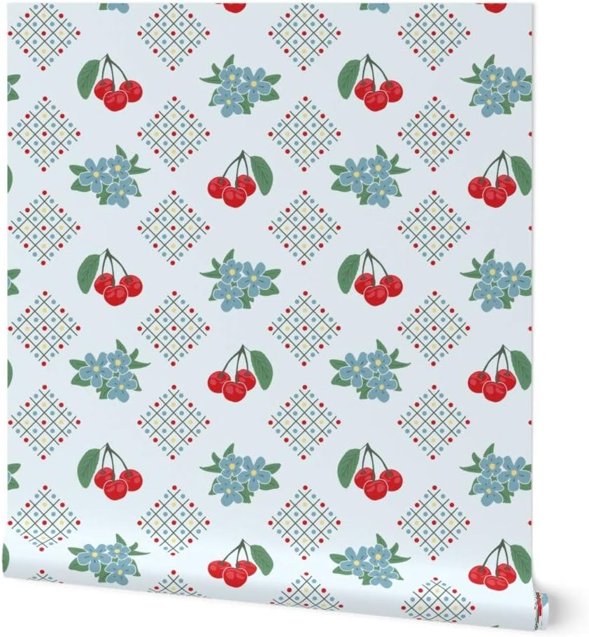 Peel & Stick Wallpaper 9ft x 2ft - Style Kitchen Cherry Blue Large Print 1940S Light Red Custom Removable Wallpaper by Spoonflower