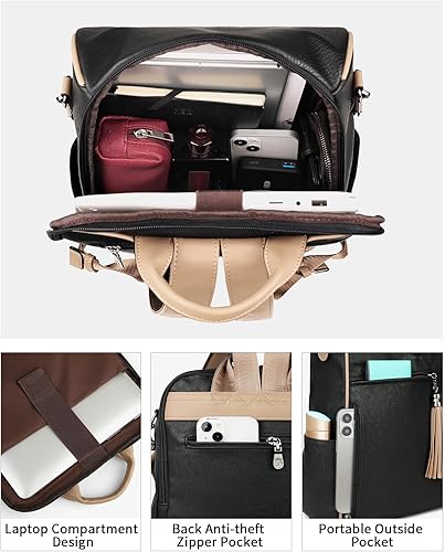 Miniatura 3 de FADEON Mochila de cuero para computadora portátil para mujer, diseño de 15.6 pulgadas, bolsa de computadora portátil, mochila de trabajo para