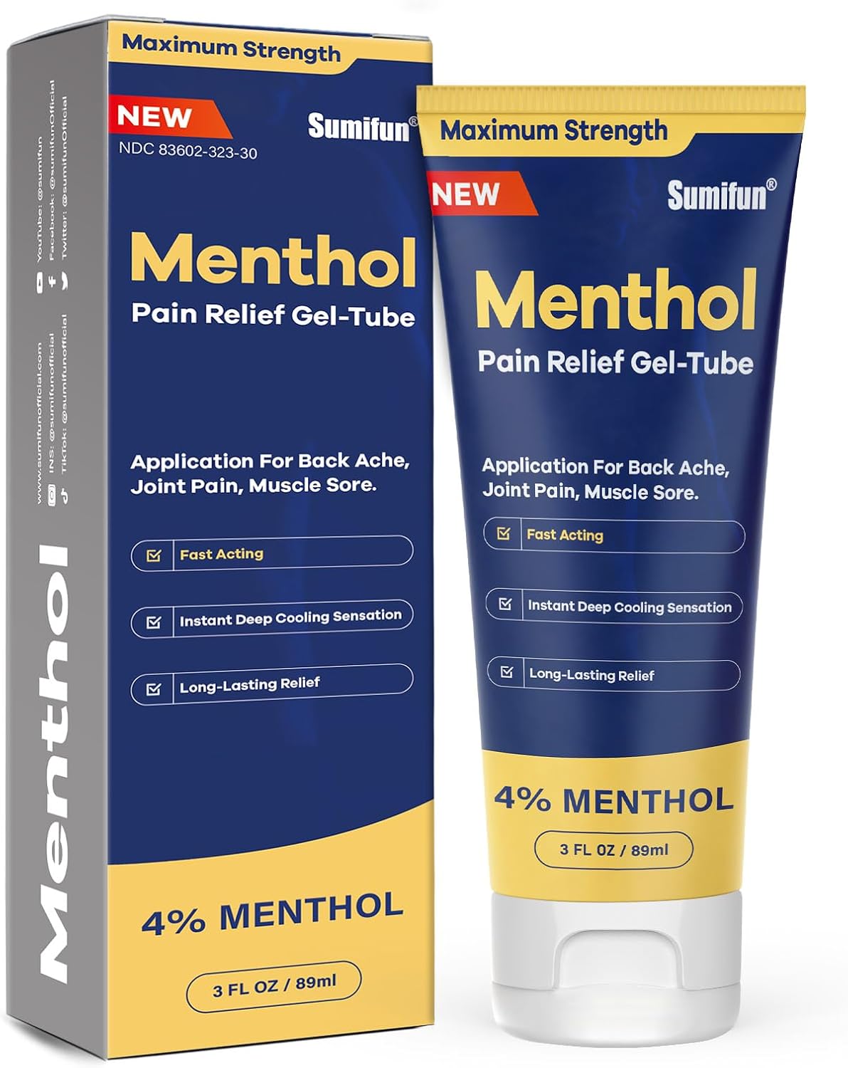 Sumifun Menthol Pain Relief Gel-Tube-3 FL OZ Tube (Pack of 2)- for Knee & Lower Back, Sore Muscle, Neck Shoulder Pain Relief