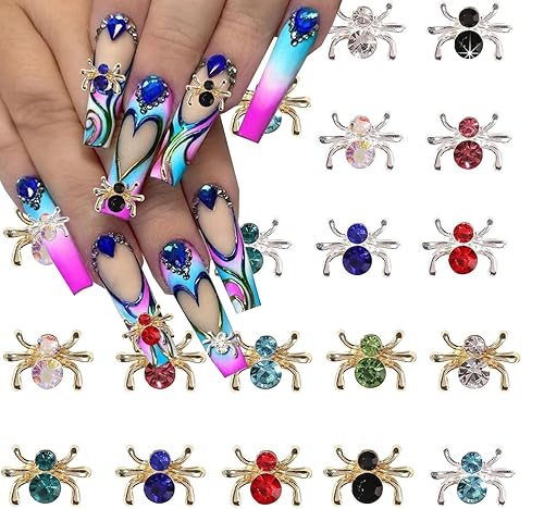 36 dijes de uñas de Halloween de araña, de metal, decoración de uñas, aleación 3D, suministros de uñas doradas, plateadas, blancas, rojas, diamantes