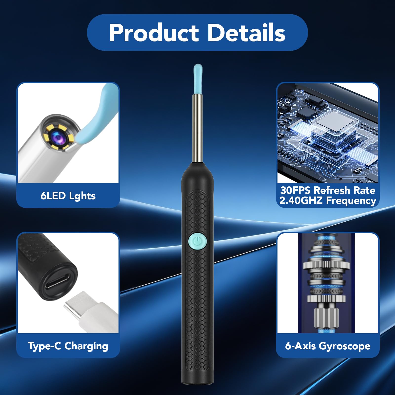 Otoskop do usuwania woskowiny, 1920P HD WiFi (czarny) | IP67 urządzenie do czyszczenia uszu z 6 diodami LED i soczewką 3,5 mm, aparat do uszu, kompatybilny z iPhone, Android, iPad