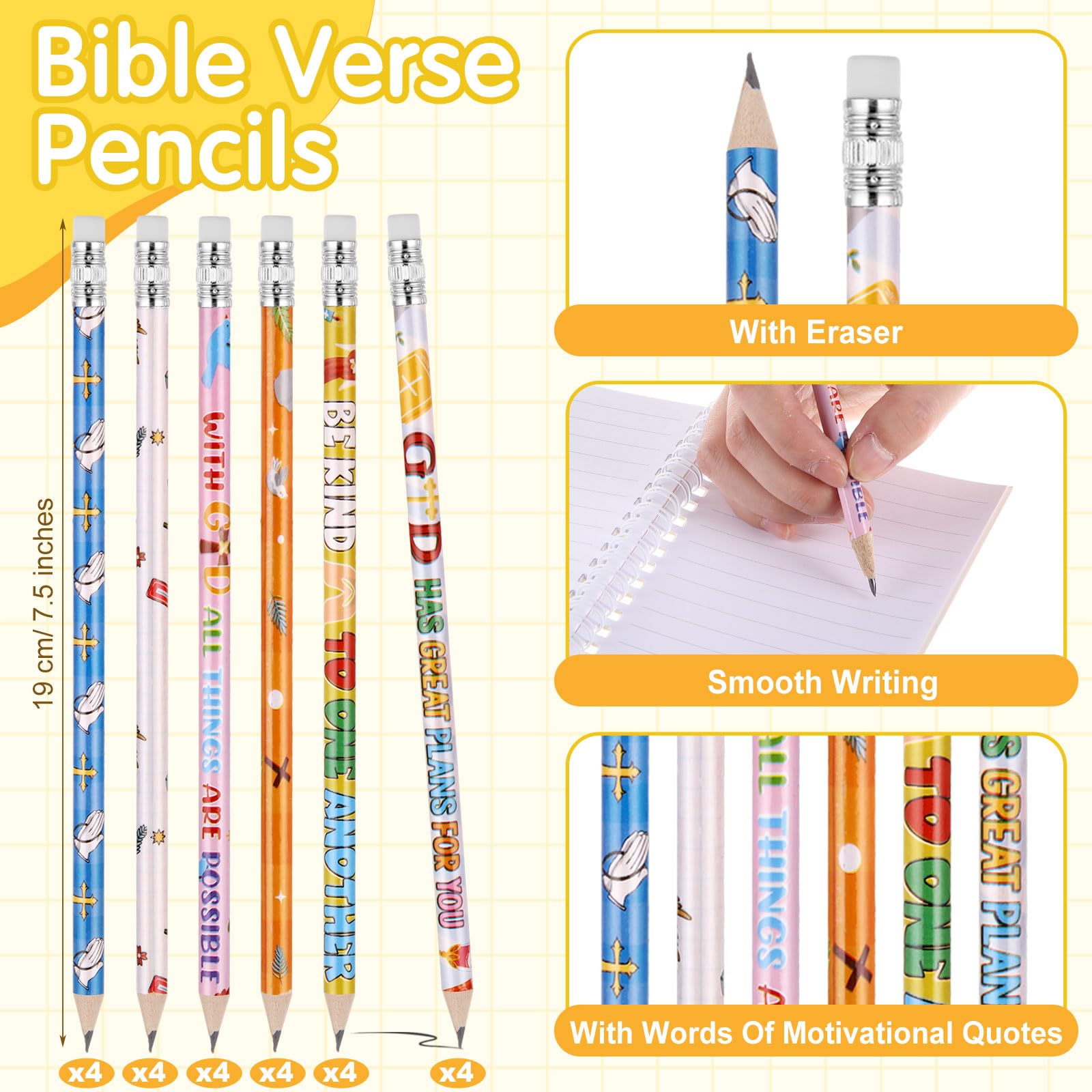 Crtiin 48 Stück, inklusive 24 Bibelversen, Notizblock, 24 Bleistifte, christliche Kirche, Geschenke, Studenten, Klassenzimmer, Auszeichnung, religiös, inspirierendes Notizbuch, Bibelstifte