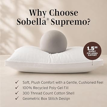 Sobel Westex Sobella Supremo Queen Size Pillow for Stomach Sleepers | 300 Thread Count 100% Soft Plush, Down Alternative Fill, Hotel & Resort Quality, Machine Washable, 20x30