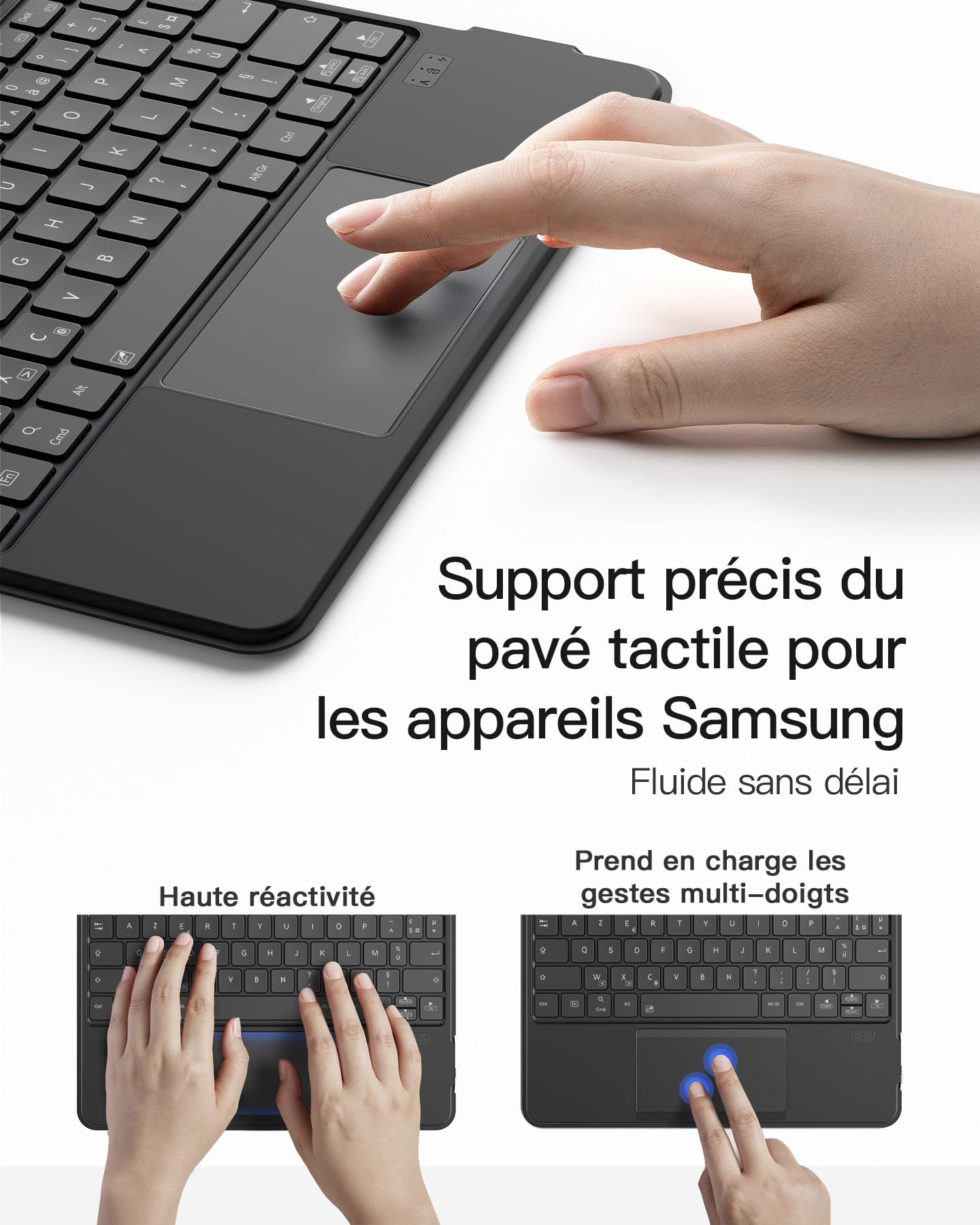 Inateck Étui Clavier Azerty Détachable pour Samsung Galaxy Tab S10 Lite/S10 FE/S9 FE 10,9"/S9 11", Clavier Bluetooth Magnétique avec Pavé Tactile, Portrait/Paysage, Support Stylet Intégré, N0064 Noir