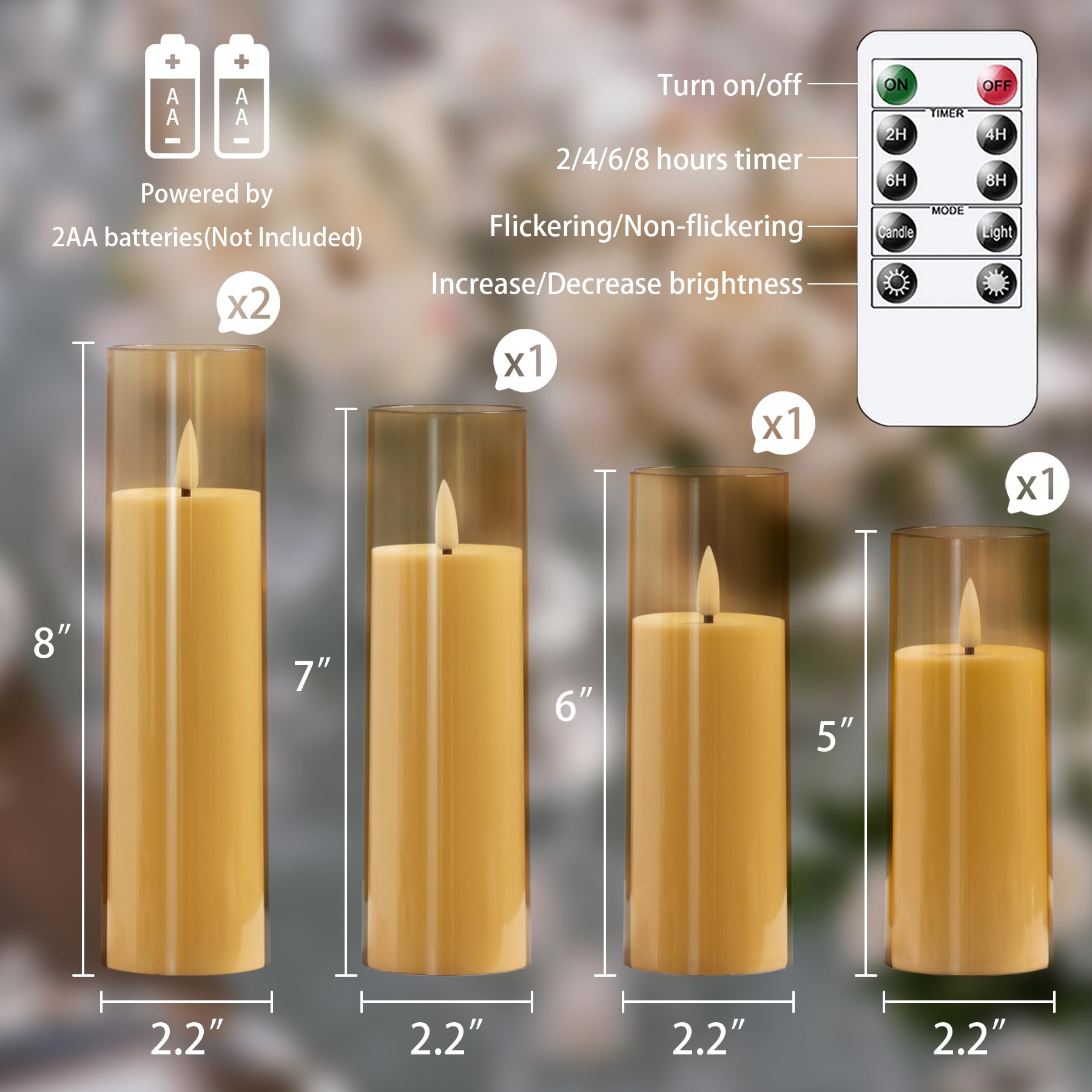 Yeelida Batterij aangedreven flikkerende kaarsen met Teardrop-wiek, pak van 8 plastic vlamloze witte led-kaarsen met afstandsbediening en timer, blijvende 600 uur (5,3 cm x 11 14 17 cm