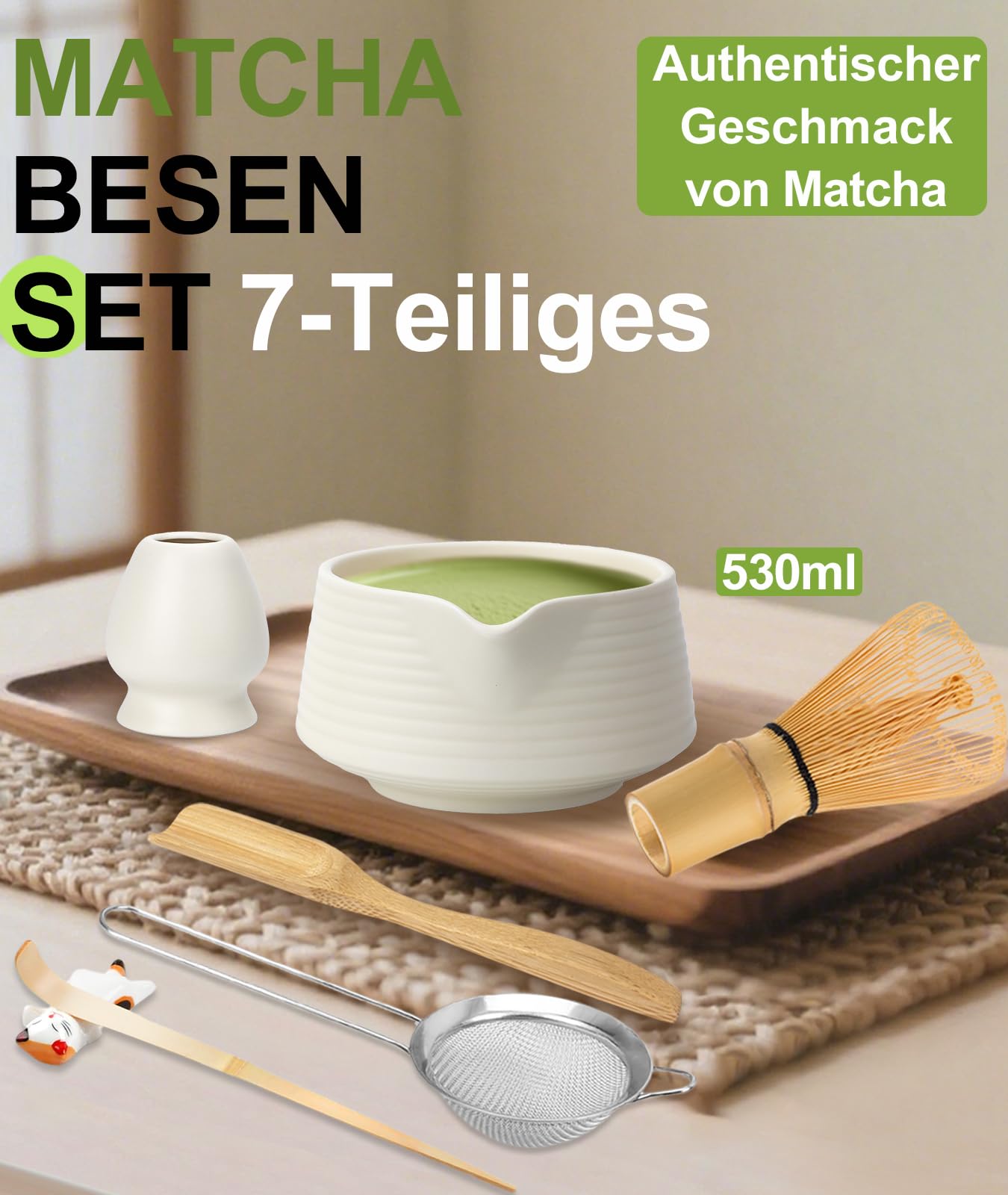 JBER Zestaw do matcha 7-Częściowy - Bambusowy mikser do matchy, ceramiczna miseczka z nalewką, sitko do matchy - Kompletny zestaw do herbaty matcha, Beżowy Biały