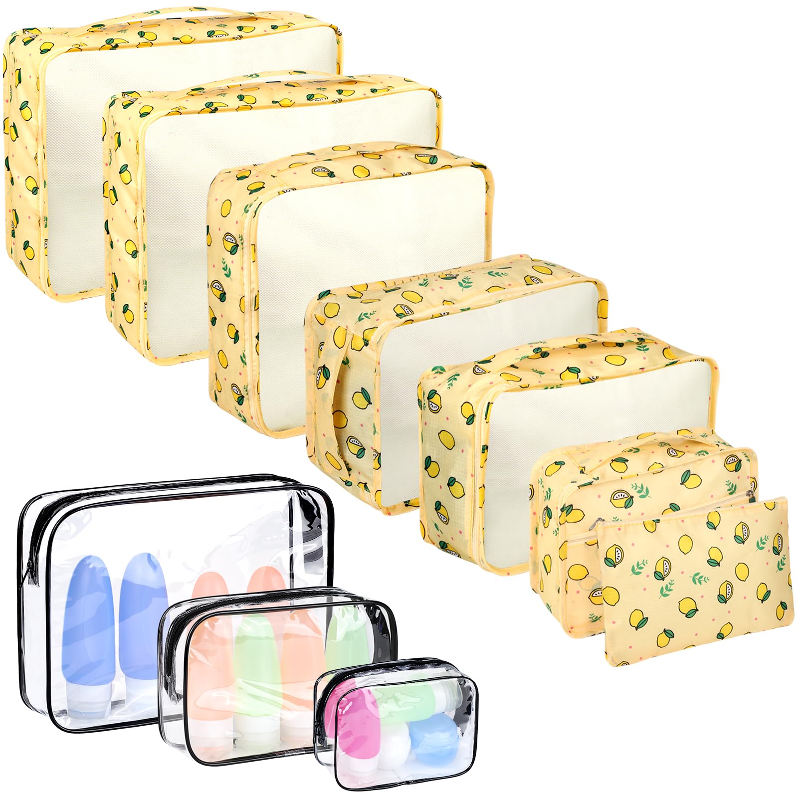 Enloffi Organizer Valigie 10 Pezzi Set Sistema di Cubo di Viaggio Impermeabili Viaggio Accessori Utili per Vestiti Scarpe Biancheria Intima Cosmetici Set di Valigie Portaoggetti, Giallo Limone