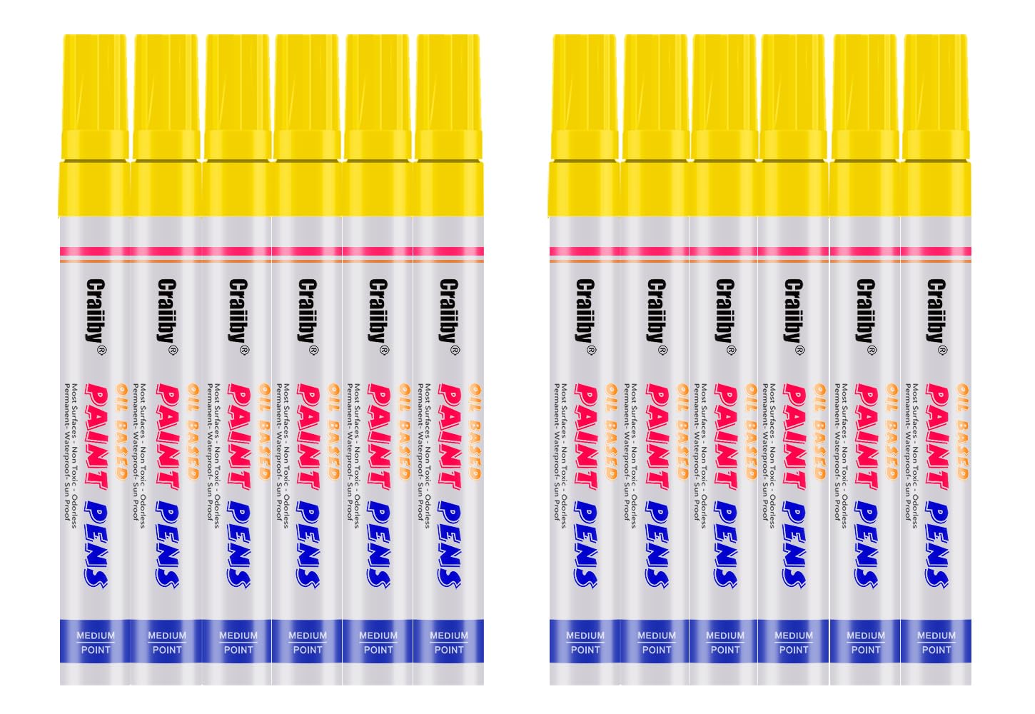 Yellow Paint Markers, 12 Pack Oil-Based Waterproof Quick Dry Permanent Paint Pen Set for Rocks Painting, Wood, Fabric, Plastic, Canvas, Glass, Mugs,