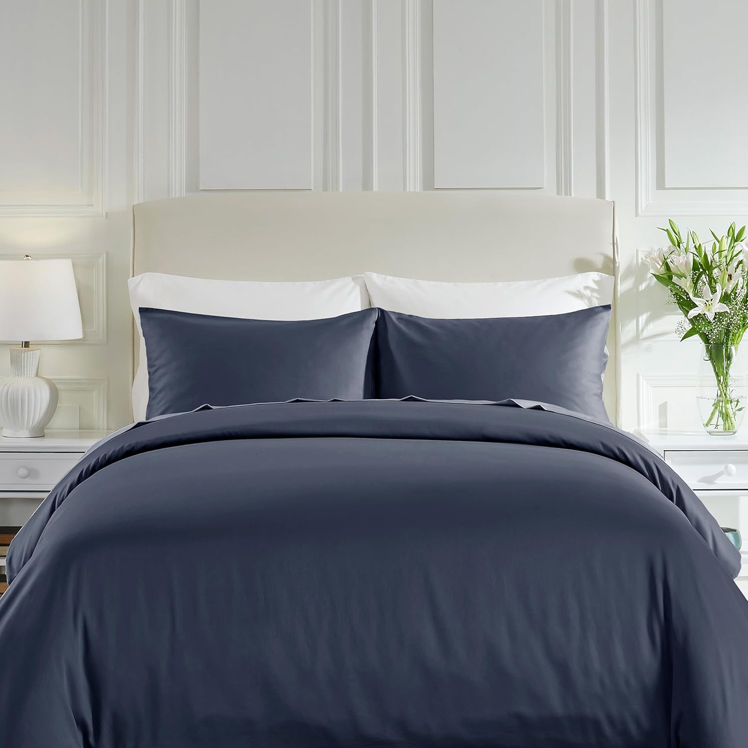 California Design Den 3 Pc Duvet Cover Set - Winner Good Housekeeping Best Bedding Awards 2025, 400 Thread Count Sateen, 100% Cotton Cooling Duvet Cover, Button Closure,Corner Ties - Indigo Dusty Blue