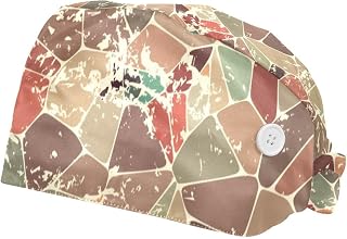 Retro Mosaic Geometric Abstract Background 2 Pack Adjustable Working Cap with Buttons Elastic Bouffant Hats Head Scarf with Sweatband for Women Men