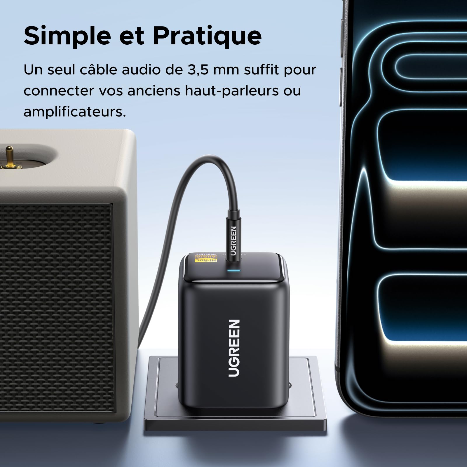 UGREEN Récepteur Bluetooth 6.0 LDAC Adaptateur Audio Bluetooth pour Chaîne HiFi Hi-Res Audio avec 3.5mm Connexion Alimentation Directement Branchable pour Haut-Parleur Amplificateur Faible Latence
