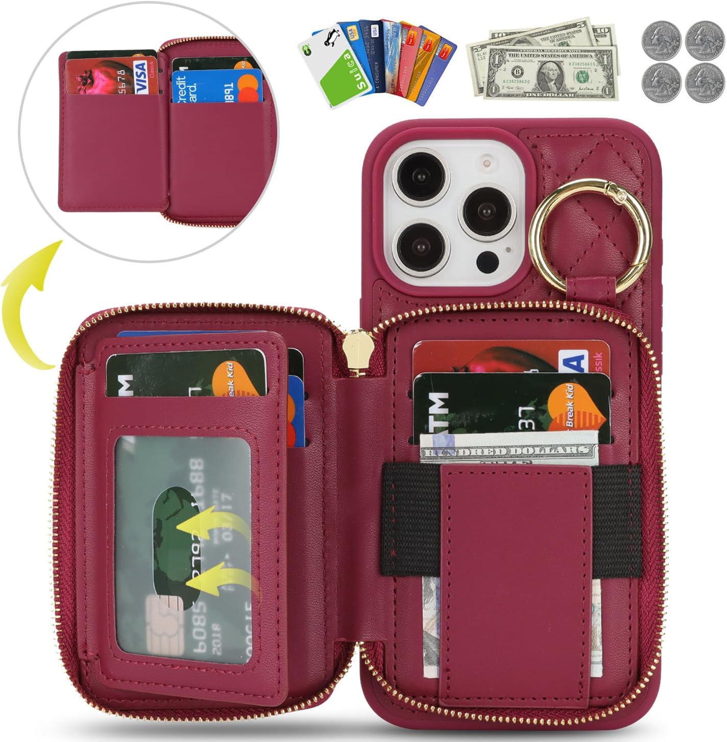 for iPhone 14 pro max Case Wallet with Card Holder,for iPhone 14 pro max Phone case Wallet with Zipper with Slot Kickstand Stand Case for Women and Man 5G 6.7 Inch-Dark red