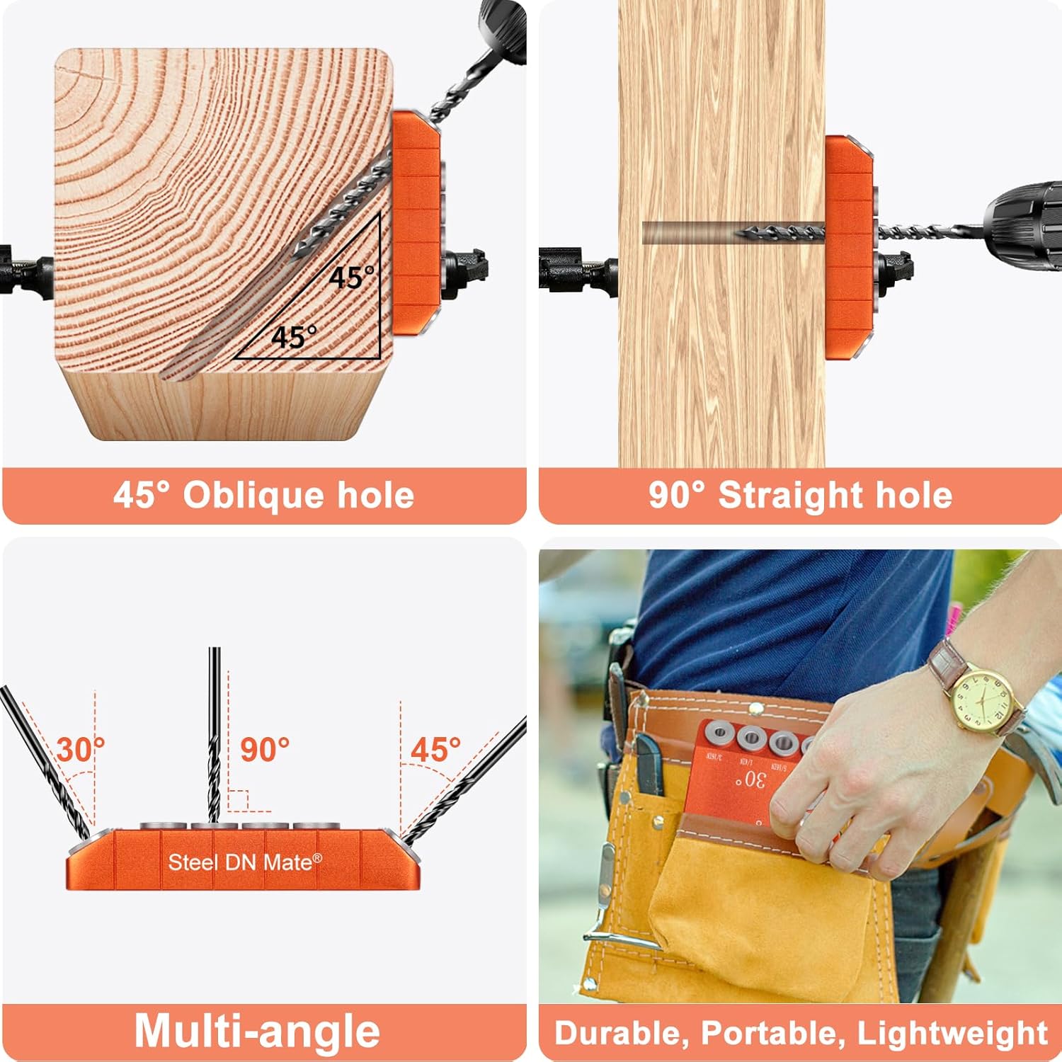 Aluminum Drill Guide Jig 30 45 90 Degree Angle 4 Sizes with 6" F Clamp for Angled and Straight Holes, Portable Durable Cable Railing Drilling Template Block for Deck Stair Handrail