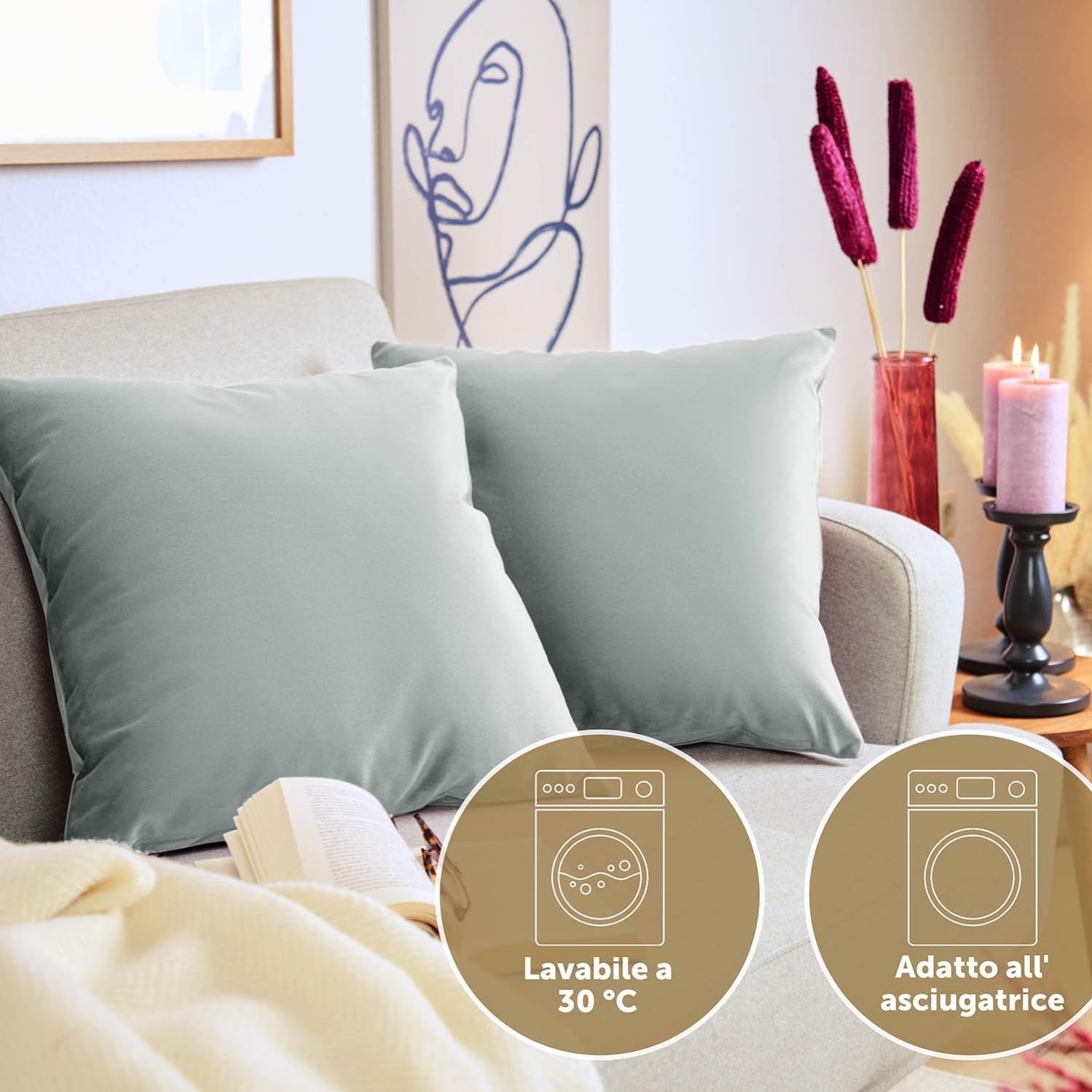 Blumtal Set di 2 Federe Cuscini Divano 60x60 cm in Velluto, con Chiusura Lampo Invisibile, Eleganti Copricuscini Divano in Morbido Velluto,Taglia 60 x 60, Grigio