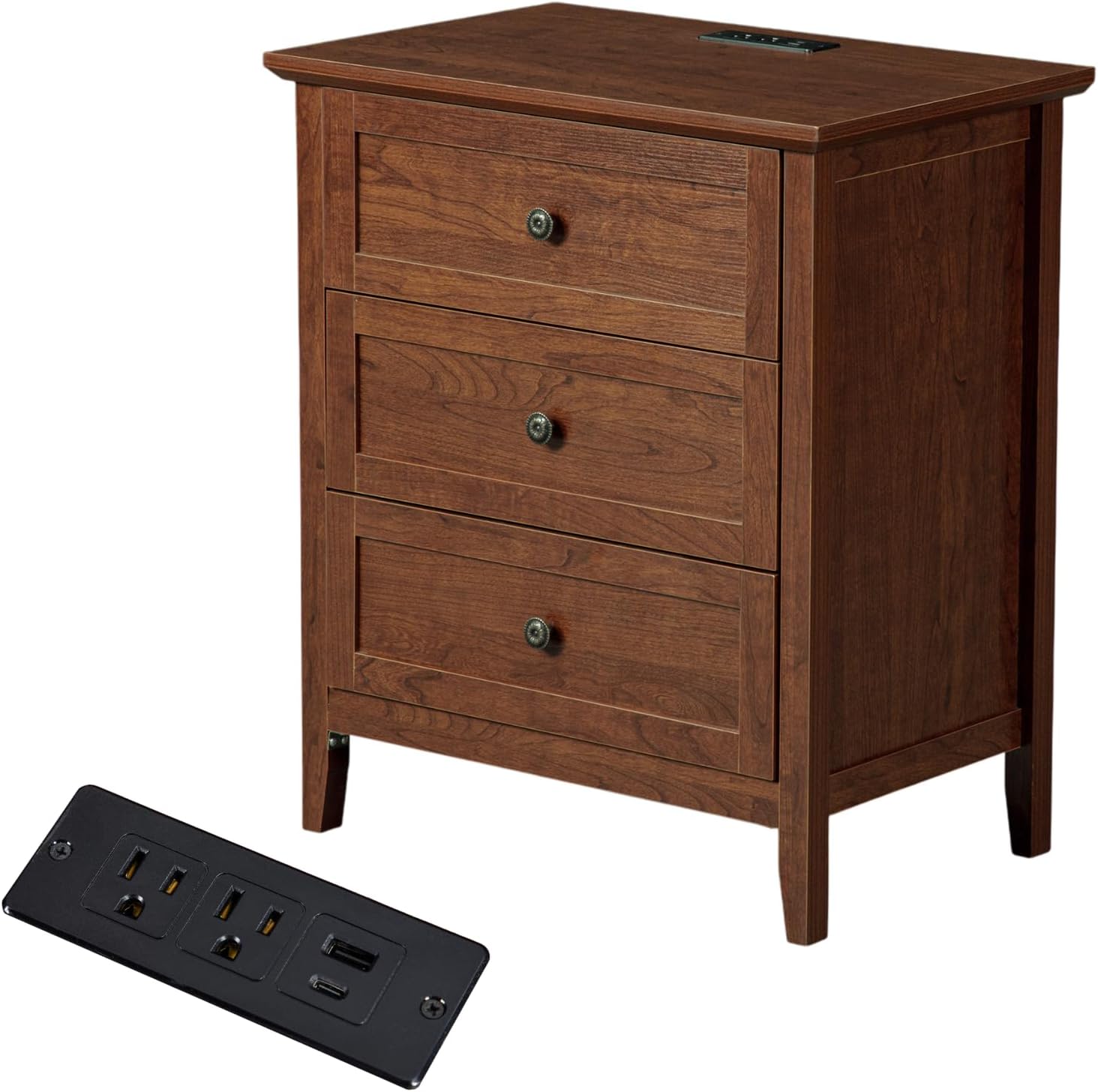 Karl home Farmhouse Nightstand with Charging Station, Wide End Table with 3 Large Drawers & Mental Handles, Wood Small Side Table of Drawers for Bedroom, Closet, Brown