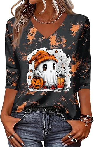 Halloween Tshirts Women V Neck 3/4 Sleeve Spider Shirts for Women Skeleton Spide