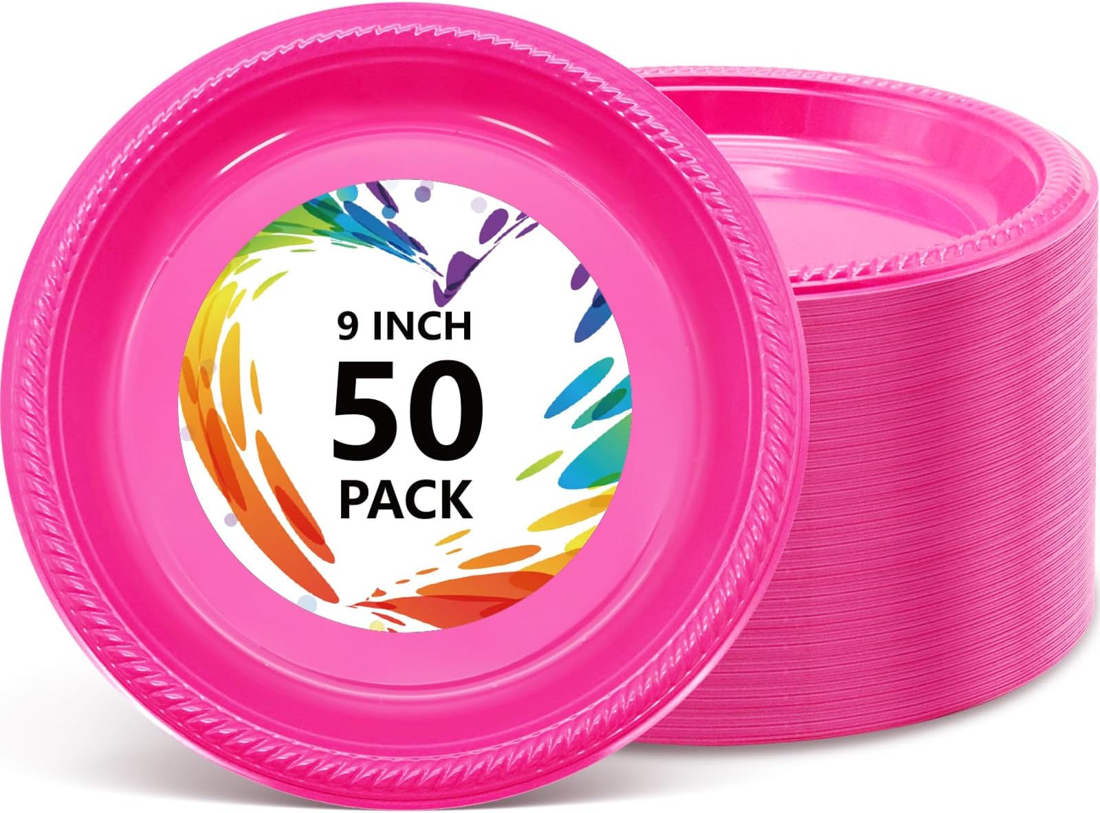50 Count Hot Pink Plastic Plates Disposable - 9 Inch Hot Pink Heavy Duty Plastic Dinner Plates for Birthday Wedding Valentines Day Party