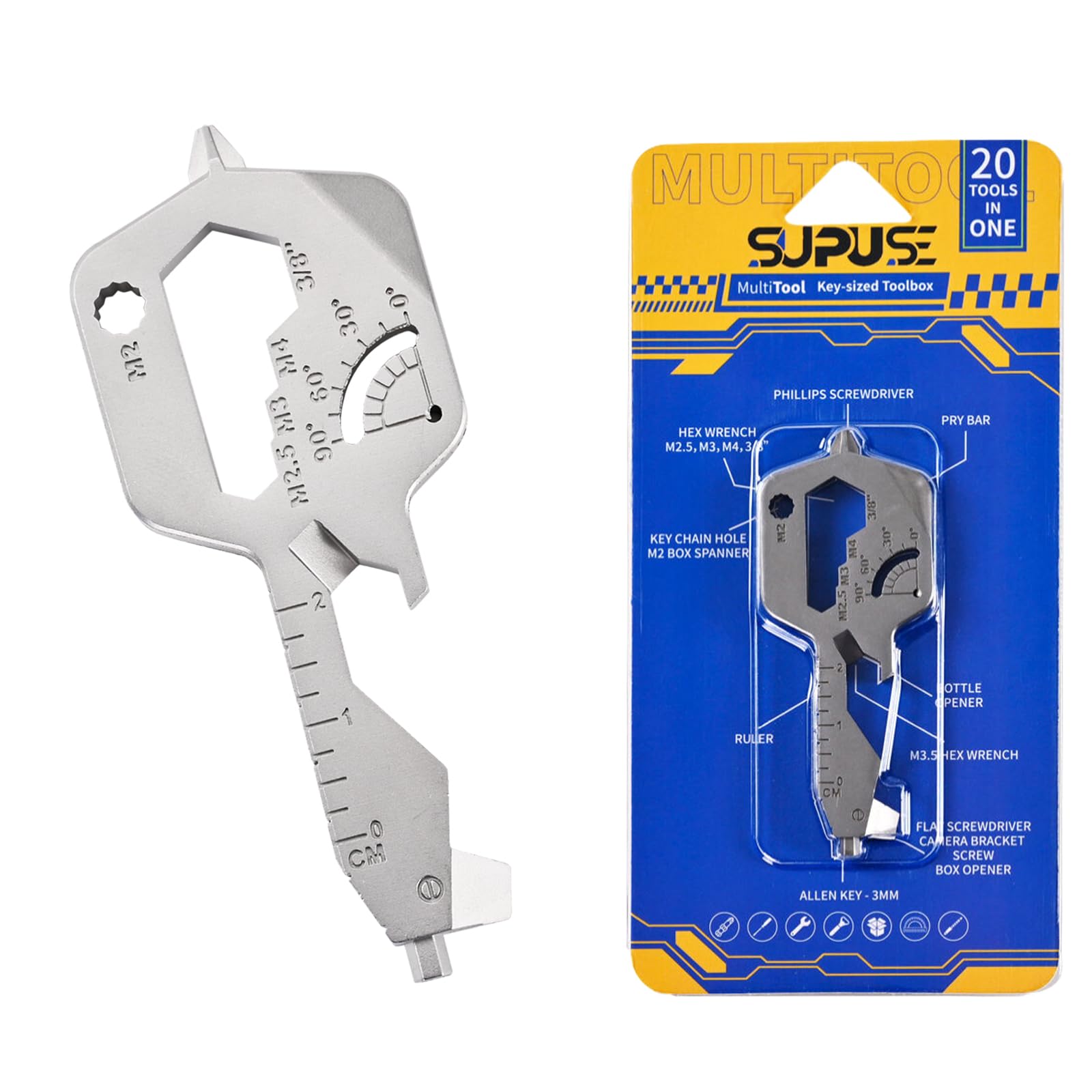 Supuse Key Shaped EDC Keychain Multi Tool - 20 IN 1 Multitool Stainless Steel Utility Gadget, Bottle Opener Keychain, EDC Gadgets, Screwdriver for Camping Survival, Silver, 1 Pack