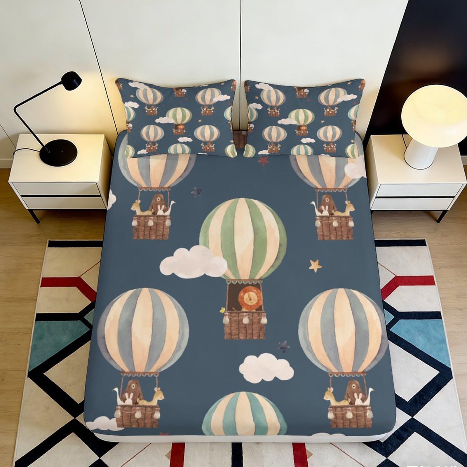 3D Printed Hot Air Balloon Fitted Sheet Microfiber Cartoon Animal Bed Cover Anti-Slip Machine Washable Bedroom Decor 90x200x25cm