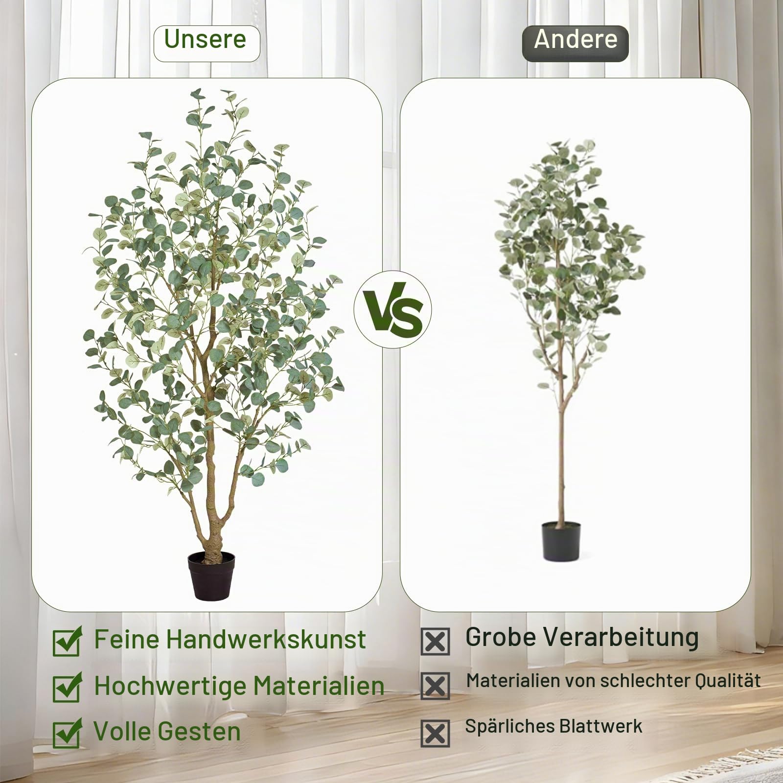 Eukalyptus Baum künstlich 180cm, künstliche Pflanzen groß mit 636 Seidenblättern, Große Kunstpflanzen Wie echt-Kunstpflanzen Indoor für Wohnzimmer, Büro oder Schlafzimmer
