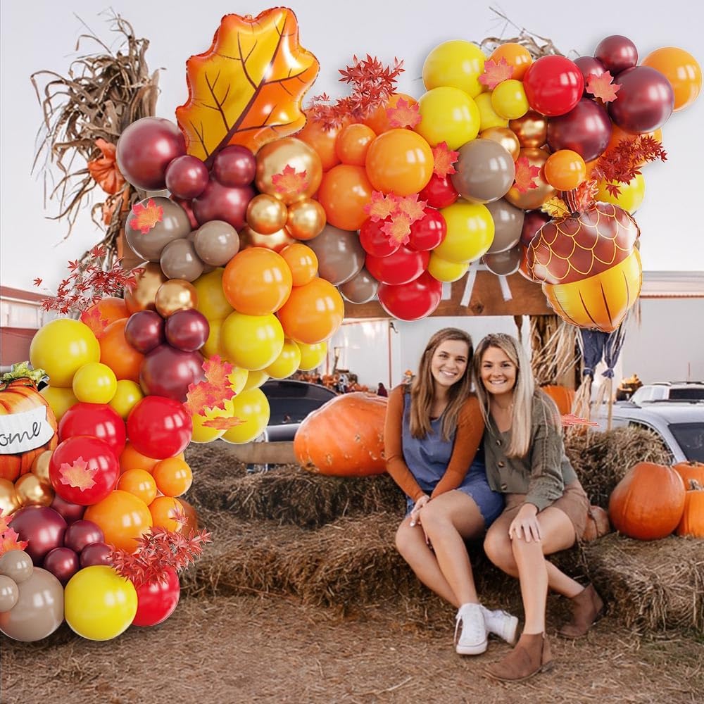 Fall Thanksgiving Balloon Arch Kit, 142Pcs Burnt Orange Burgundy Yellow Balloons with Maple Leaf Pumpkin Foil Balloons for Autumn Little Pumpkin Baby Shower Birthday Friendsgiving Party Decorations - Image 5