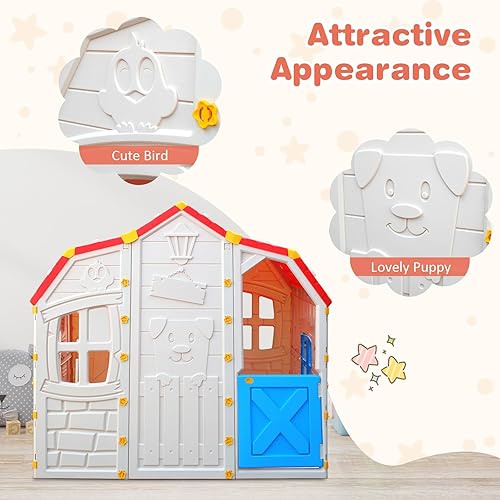 Miniatura 6 de Costzon Casa de juegos espaciosa para niños, juego realista con ventanas que se pueden abrir, puertas de trabajo, techo rojo y bonitos patrones de
