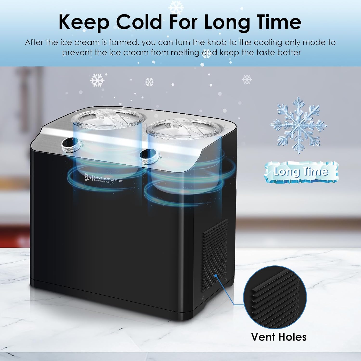 Homtone Ice Cream Maker with 'Keep Cold For Long Time' feature.